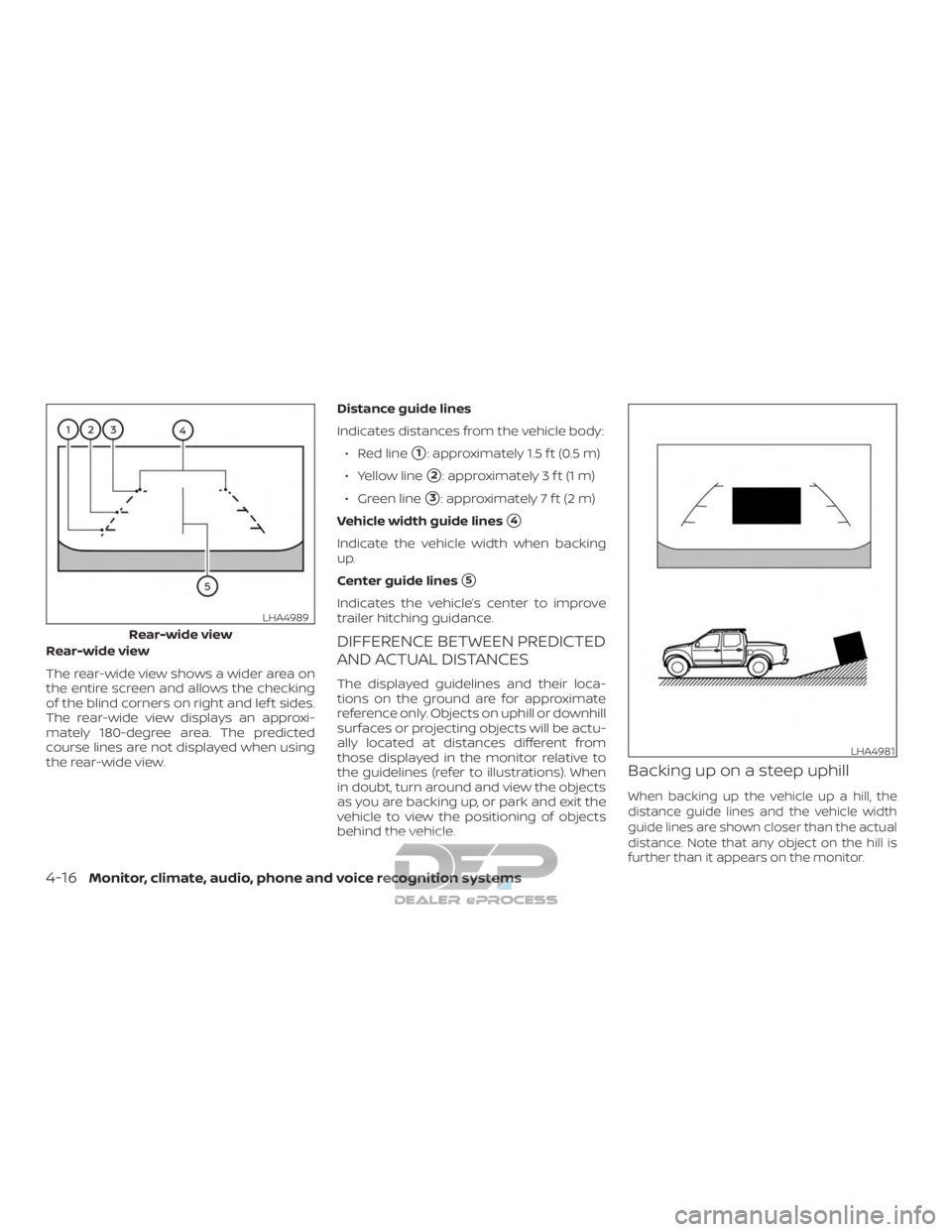 NISSAN TITAN 2019  Owner´s Manual Rear-wide view
The rear-wide view shows a wider area on
the entire screen and allows the checking
of the blind corners on right and lef t sides.
The rear-wide view displays an approxi-
mately 180-degr