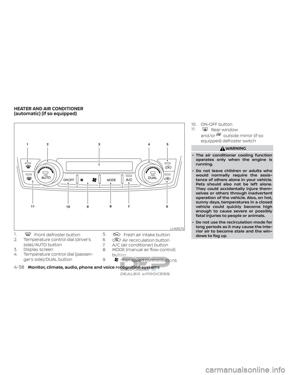 NISSAN TITAN 2019 Owner´s Manual 1.Front defroster button
2. Temperature control dial (driver’s
side)/AUTO button
3. Display screen
4. Temperature control dial (passen-
ger’s side)/DUAL button 5.Fresh air intake button
6.
Air rec NISSAN TITAN 2019 Owner´s Manual 1.Front defroster button
2. Temperature control dial (driver’s
side)/AUTO button
3. Display screen
4. Temperature control dial (passen-
ger’s side)/DUAL button 5.Fresh air intake button
6.
Air rec