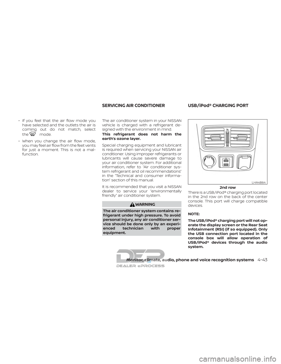 NISSAN TITAN 2019 Owner´s Manual ∙ If you feel that the air flow mode youhave selected and the outlets the air is
coming out do not match, select
the
mode.
∙ When you change the air flow mode, you may feel air flow from the feet NISSAN TITAN 2019 Owner´s Manual ∙ If you feel that the air flow mode youhave selected and the outlets the air is
coming out do not match, select
the
mode.
∙ When you change the air flow mode, you may feel air flow from the feet