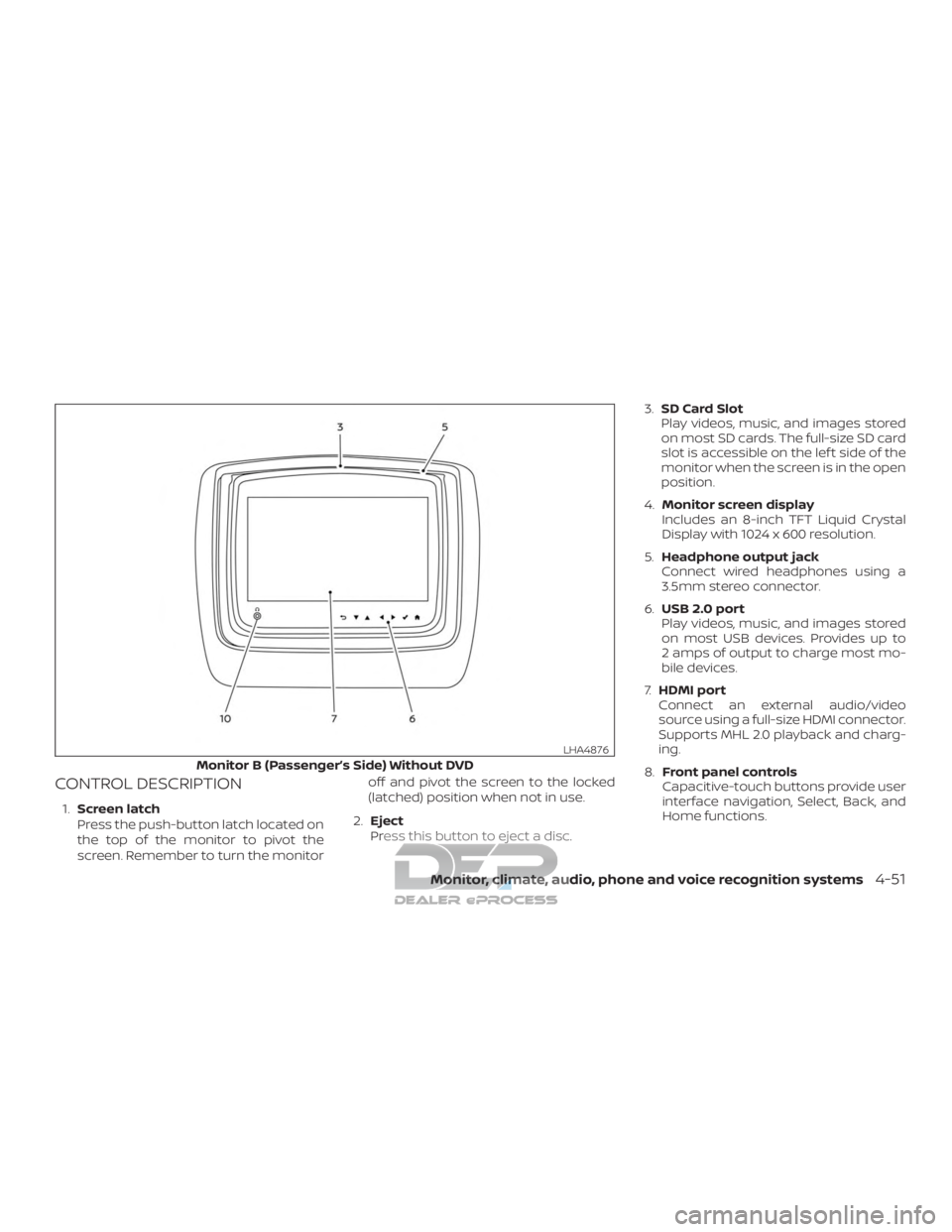 NISSAN TITAN 2019 Owner´s Manual CONTROL DESCRIPTION
1.Screen latch
Press the push-button latch located on
the top of the monitor to pivot the
screen. Remember to turn the monitor off and pivot the screen to the locked
(latched) posi NISSAN TITAN 2019 Owner´s Manual CONTROL DESCRIPTION
1.Screen latch
Press the push-button latch located on
the top of the monitor to pivot the
screen. Remember to turn the monitor off and pivot the screen to the locked
(latched) posi