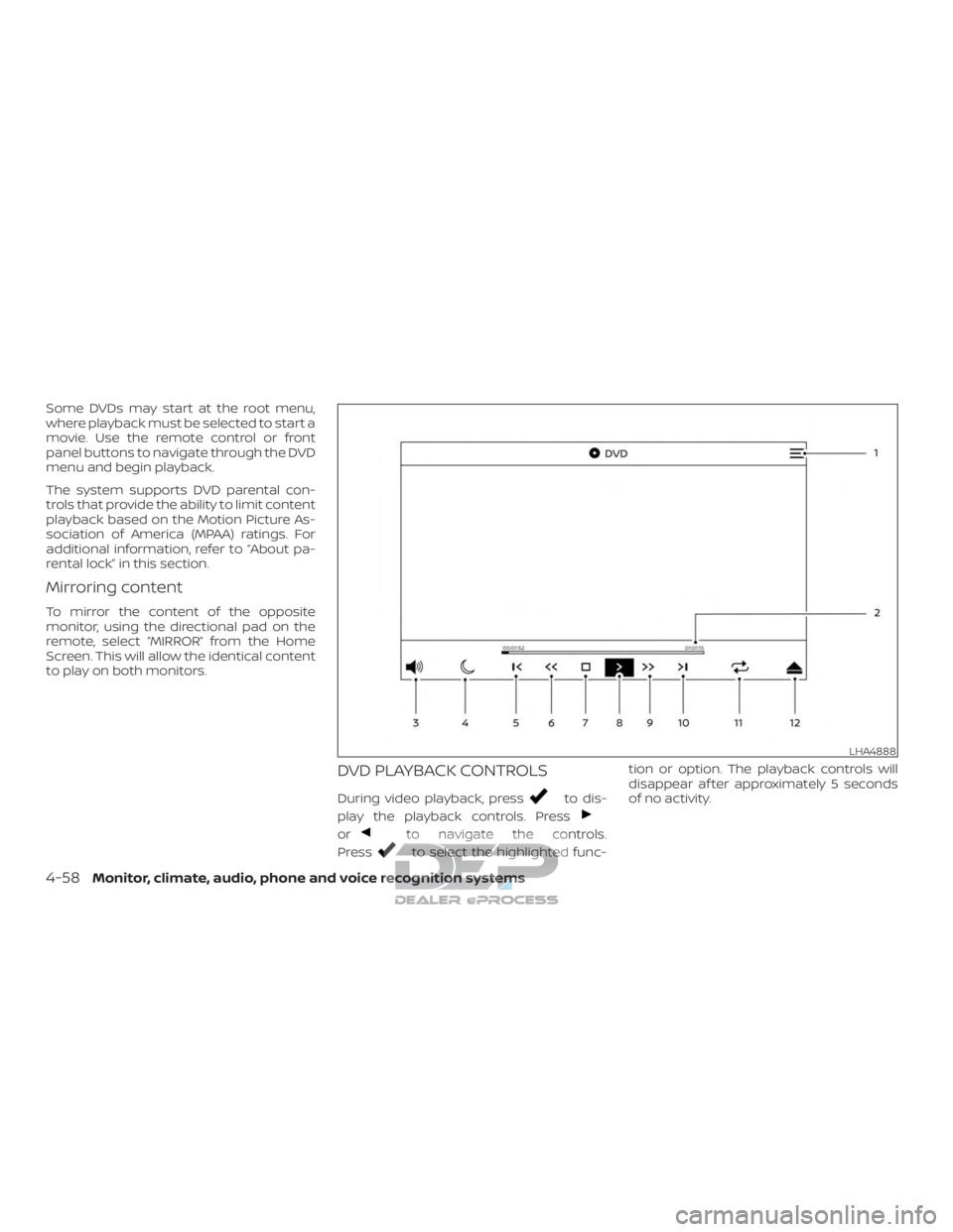 NISSAN TITAN 2019 Owner´s Manual Some DVDs may start at the root menu,
where playback must be selected to start a
movie. Use the remote control or front
panel buttons to navigate through the DVD
menu and begin playback.
The system su NISSAN TITAN 2019 Owner´s Manual Some DVDs may start at the root menu,
where playback must be selected to start a
movie. Use the remote control or front
panel buttons to navigate through the DVD
menu and begin playback.
The system su