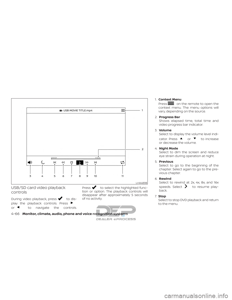 NISSAN TITAN 2019 Owner´s Manual USB/SD card video playback
controls
During video playback, pressto dis-
play the playback controls. Press
orto navigate the controls. Press
to select the highlighted func-
tion or option. The playback NISSAN TITAN 2019 Owner´s Manual USB/SD card video playback
controls
During video playback, pressto dis-
play the playback controls. Press
orto navigate the controls. Press
to select the highlighted func-
tion or option. The playback