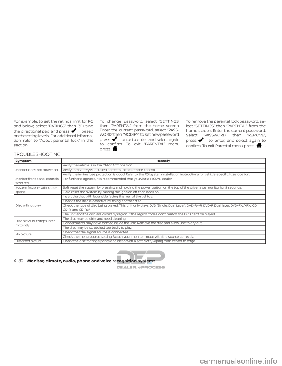 NISSAN TITAN 2019 Owner´s Manual For example, to set the ratings limit for PG
and below, select “RATINGS” then “3” using
the directional pad and press
, based
on the rating levels. For additional informa-
tion, refer to “Ab NISSAN TITAN 2019 Owner´s Manual For example, to set the ratings limit for PG
and below, select “RATINGS” then “3” using
the directional pad and press
, based
on the rating levels. For additional informa-
tion, refer to “Ab