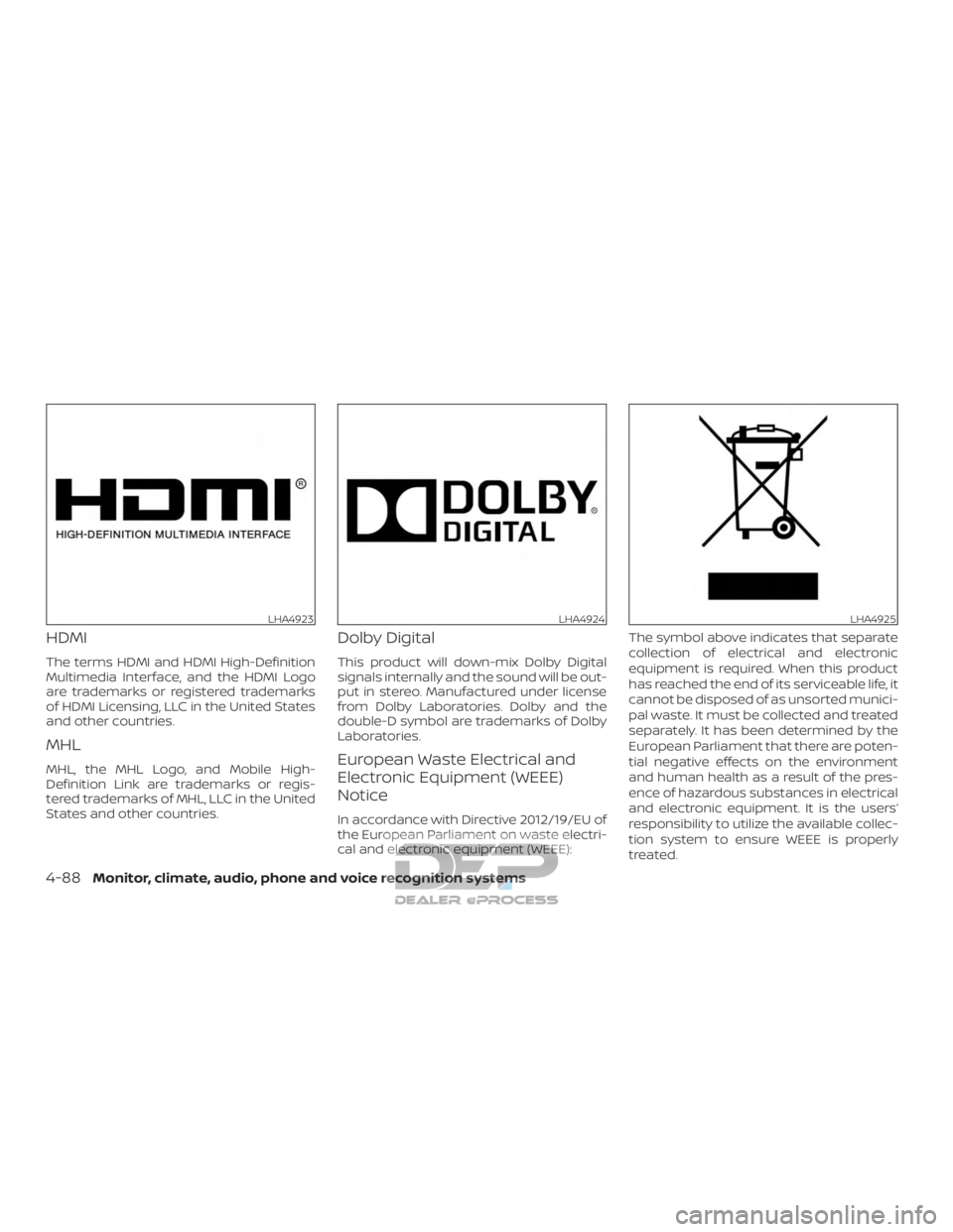NISSAN TITAN 2019 Owner´s Manual HDMI
The terms HDMI and HDMI High-Definition
Multimedia Interface, and the HDMI Logo
are trademarks or registered trademarks
of HDMI Licensing, LLC in the United States
and other countries.
MHL
MHL, t NISSAN TITAN 2019 Owner´s Manual HDMI
The terms HDMI and HDMI High-Definition
Multimedia Interface, and the HDMI Logo
are trademarks or registered trademarks
of HDMI Licensing, LLC in the United States
and other countries.
MHL
MHL, t
