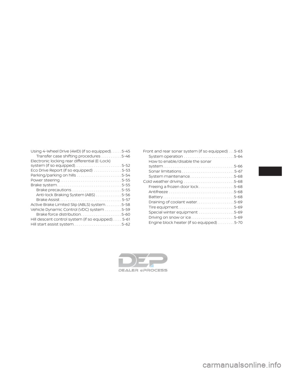 NISSAN TITAN 2019 Owner´s Manual Using 4–Wheel Drive (4WD) (if so equipped)......5-45
Transfer case shif ting procedures ...........5-46
Electronic locking rear differential (E-Lock)
system (if so equipped) ........................ NISSAN TITAN 2019 Owner´s Manual Using 4–Wheel Drive (4WD) (if so equipped)......5-45
Transfer case shif ting procedures ...........5-46
Electronic locking rear differential (E-Lock)
system (if so equipped) ........................