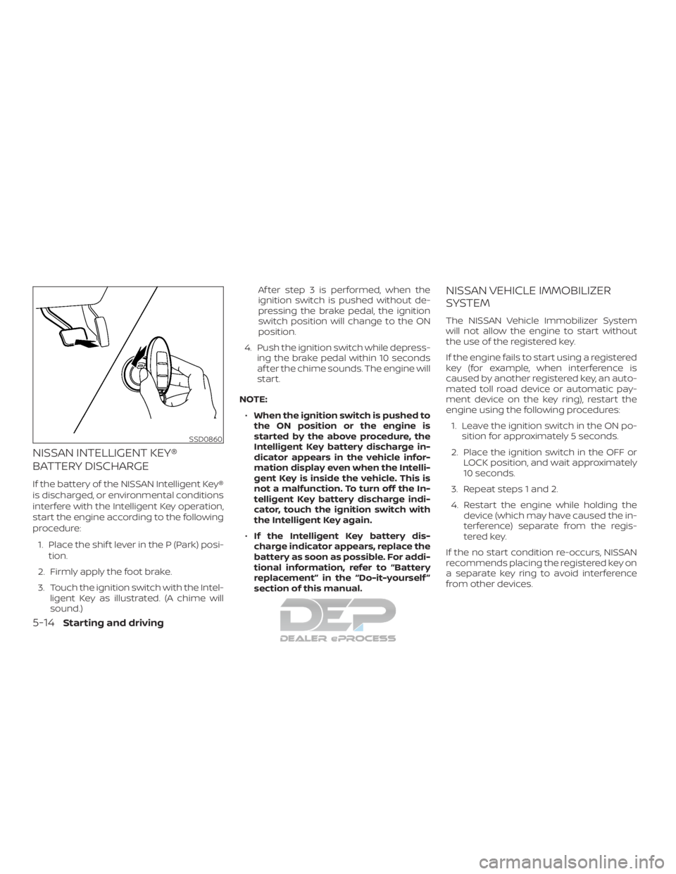NISSAN TITAN 2019 Owner´s Manual NISSAN INTELLIGENT KEY®
BATTERY DISCHARGE
If the battery of the NISSAN Intelligent Key®
is discharged, or environmental conditions
interfere with the Intelligent Key operation,
start the engine acco NISSAN TITAN 2019 Owner´s Manual NISSAN INTELLIGENT KEY®
BATTERY DISCHARGE
If the battery of the NISSAN Intelligent Key®
is discharged, or environmental conditions
interfere with the Intelligent Key operation,
start the engine acco