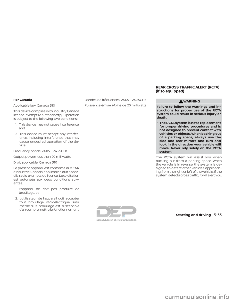 NISSAN TITAN 2019  Owner´s Manual For Canada
Applicable law: Canada 310
This device complies with Industry Canada
licence-exempt RSS standard(s). Operation
is subject to the following two conditions:1. This device may not cause interf