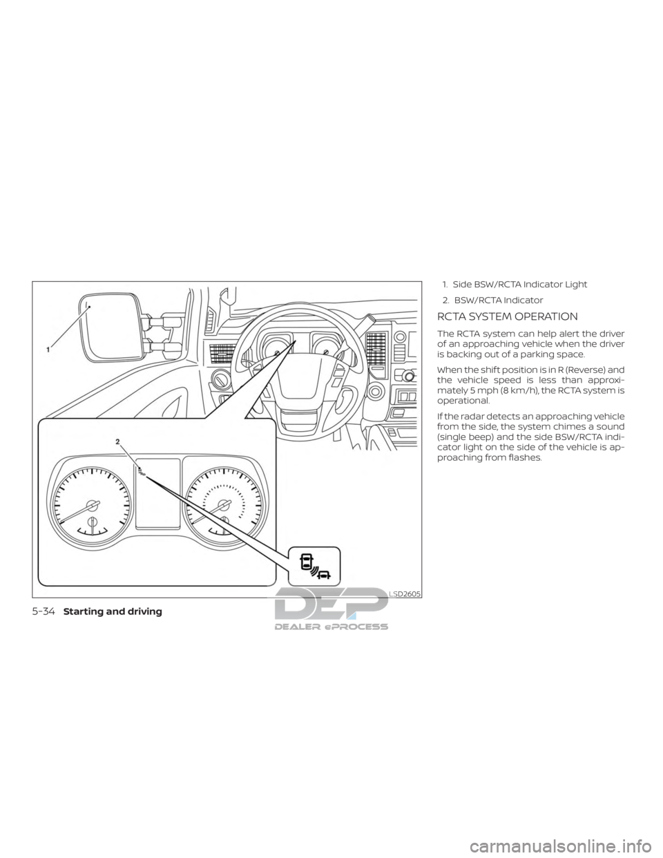 NISSAN TITAN 2019  Owner´s Manual 1. Side BSW/RCTA Indicator Light
2. BSW/RCTA Indicator
RCTA SYSTEM OPERATION
The RCTA system can help alert the driver
of an approaching vehicle when the driver
is backing out of a parking space.
When