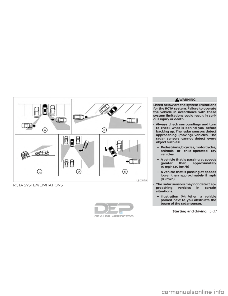 NISSAN TITAN 2019  Owner´s Manual RCTA SYSTEM LIMITATIONS
WARNING
Listed below are the system limitations
for the RCTA system. Failure to operate
the vehicle in accordance with these
system limitations could result in seri-
ous injury