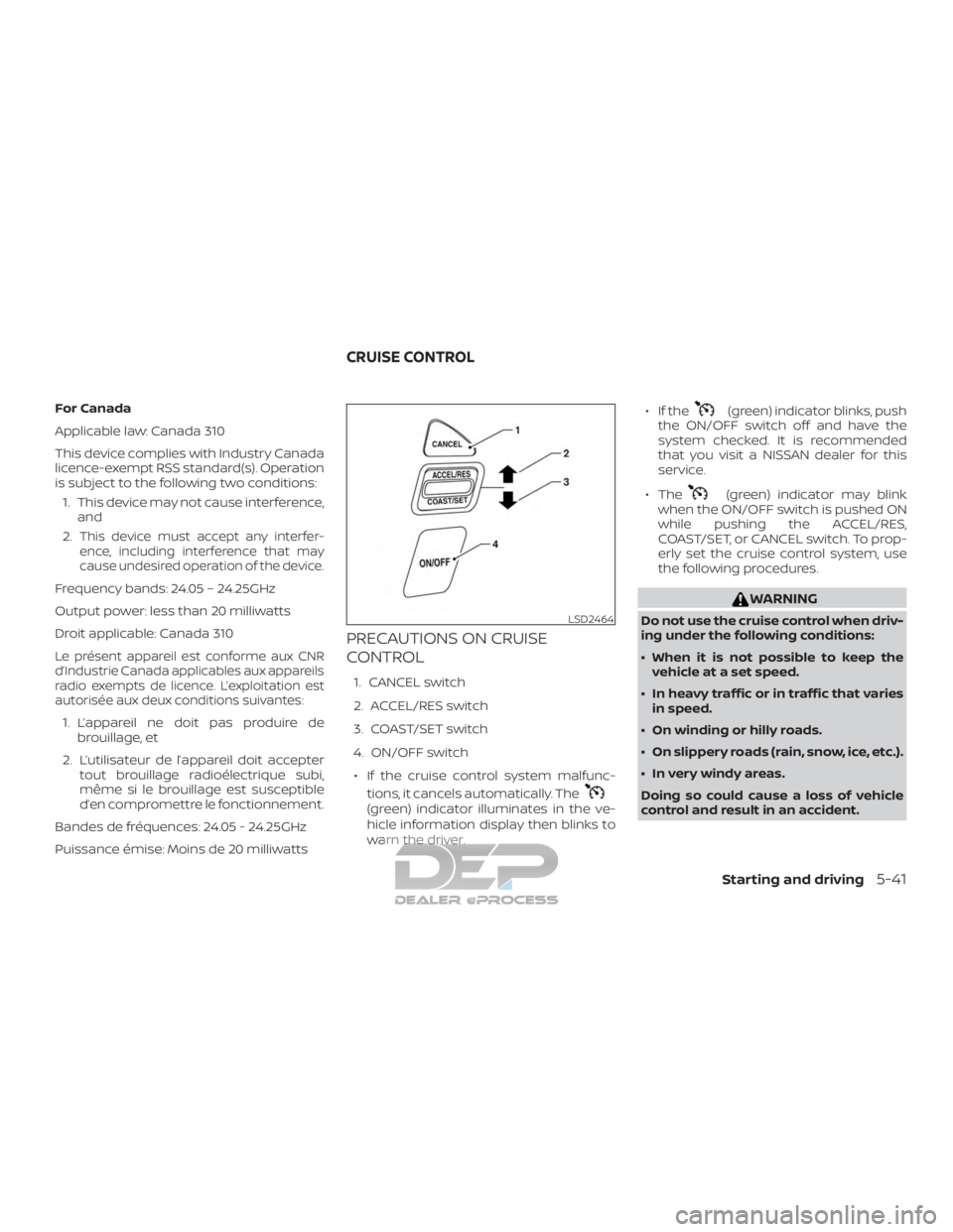 NISSAN TITAN 2019  Owner´s Manual For Canada
Applicable law: Canada 310
This device complies with Industry Canada
licence-exempt RSS standard(s). Operation
is subject to the following two conditions:1. This device may not cause interf