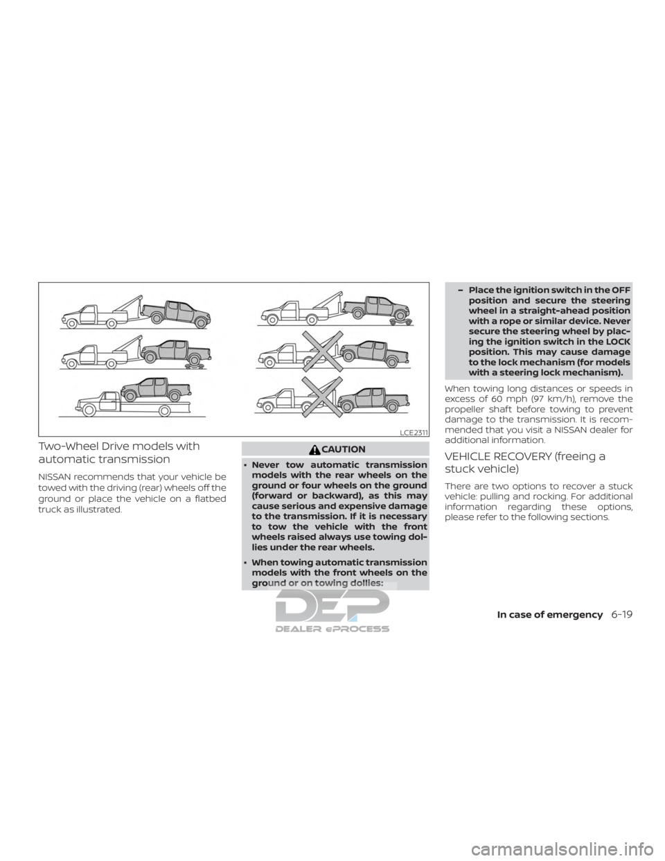 NISSAN TITAN 2019 Owner´s Manual Two-Wheel Drive models with
automatic transmission
NISSAN recommends that your vehicle be
towed with the driving (rear) wheels off the
ground or place the vehicle on a flatbed
truck as illustrated.
CA NISSAN TITAN 2019 Owner´s Manual Two-Wheel Drive models with
automatic transmission
NISSAN recommends that your vehicle be
towed with the driving (rear) wheels off the
ground or place the vehicle on a flatbed
truck as illustrated.
CA