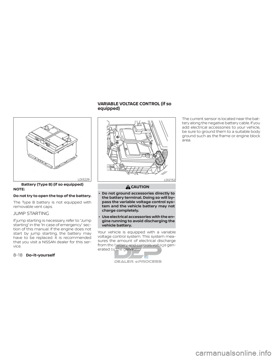 NISSAN TITAN 2019  Owner´s Manual NOTE:
Do not try to open the top of the battery.
The Type B battery is not equipped with
removable vent caps.
JUMP STARTING
If jump starting is necessary, refer to “Jump
starting” in the “In cas