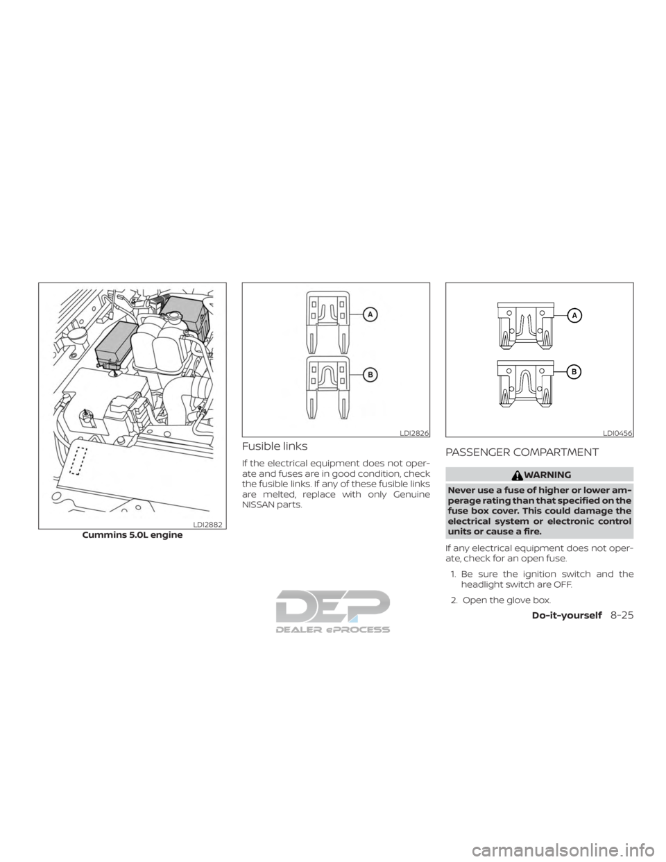 NISSAN TITAN 2019  Owner´s Manual Fusible links
If the electrical equipment does not oper-
ate and fuses are in good condition, check
the fusible links. If any of these fusible links
are melted, replace with only Genuine
NISSAN parts.