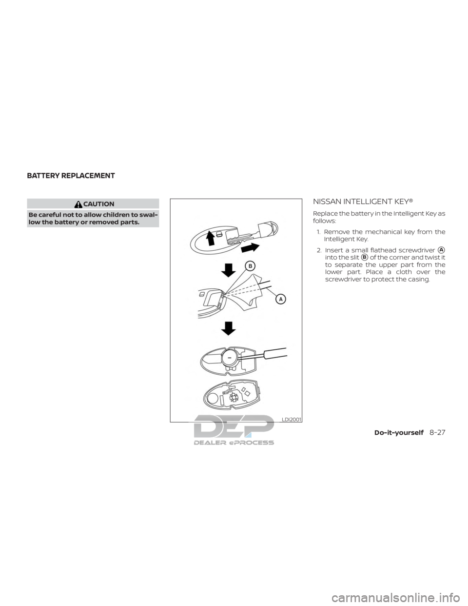 NISSAN TITAN 2019  Owner´s Manual CAUTION
Be careful not to allow children to swal-
low the battery or removed parts.
NISSAN INTELLIGENT KEY®
Replace the battery in the Intelligent Key as
follows:1. Remove the mechanical key from the