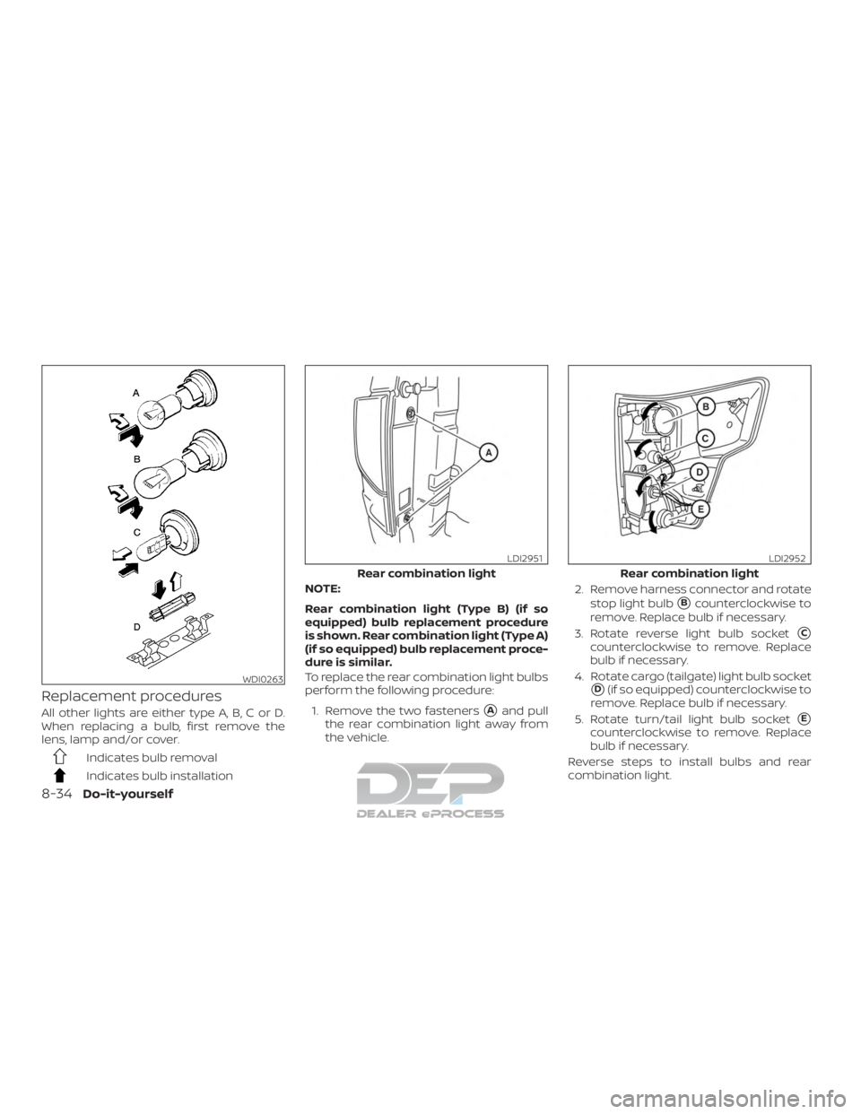 NISSAN TITAN 2019  Owner´s Manual Replacement procedures
All other lights are either type A, B, C or D.
When replacing a bulb, first remove the
lens, lamp and/or cover.
Indicates bulb removal
Indicates bulb installationNOTE:
Rear comb