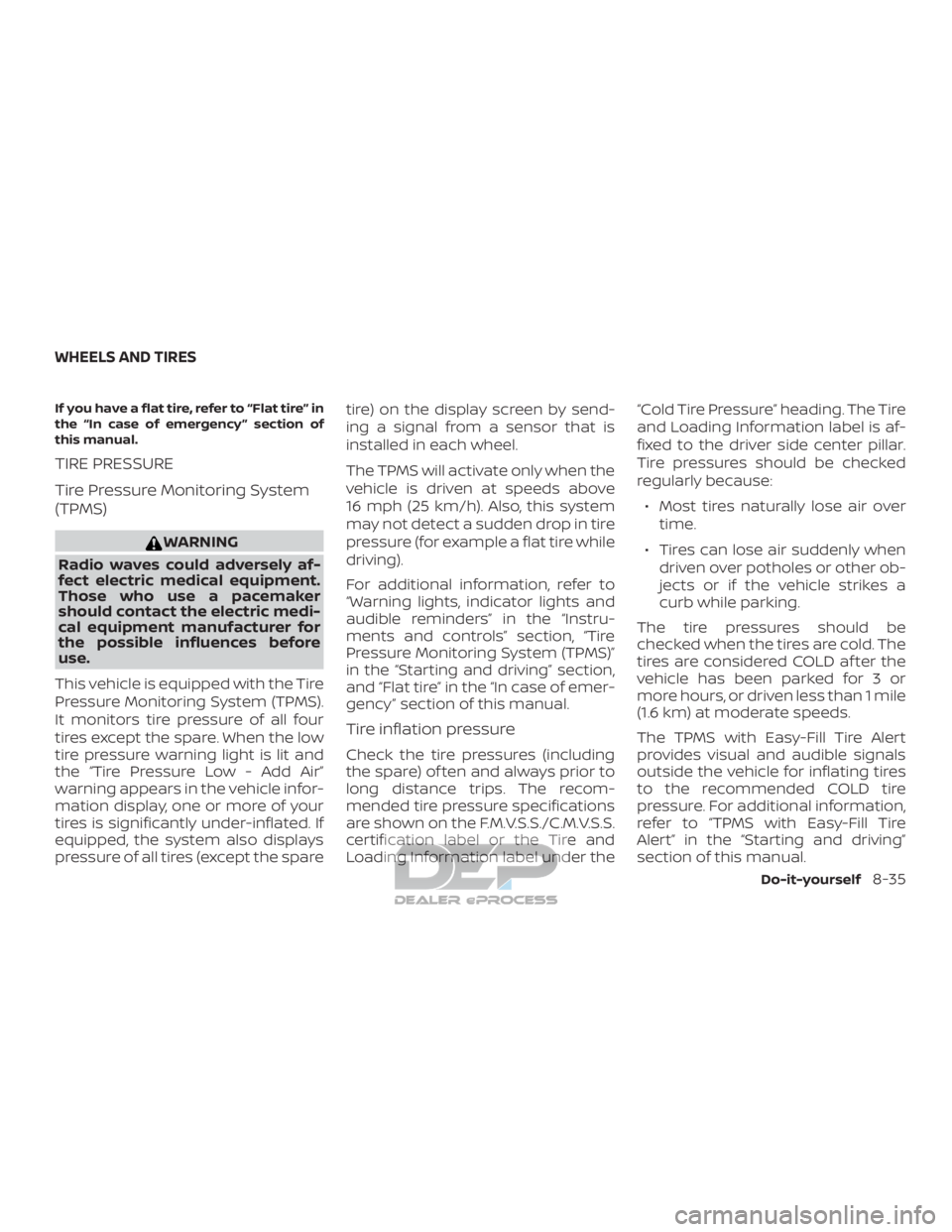 NISSAN TITAN 2019  Owner´s Manual If you have a flat tire, refer to “Flat tire” in
the “In case of emergency ” section of
this manual.
TIRE PRESSURE
Tire Pressure Monitoring System
(TPMS)
WARNING
Radio waves could adversely af