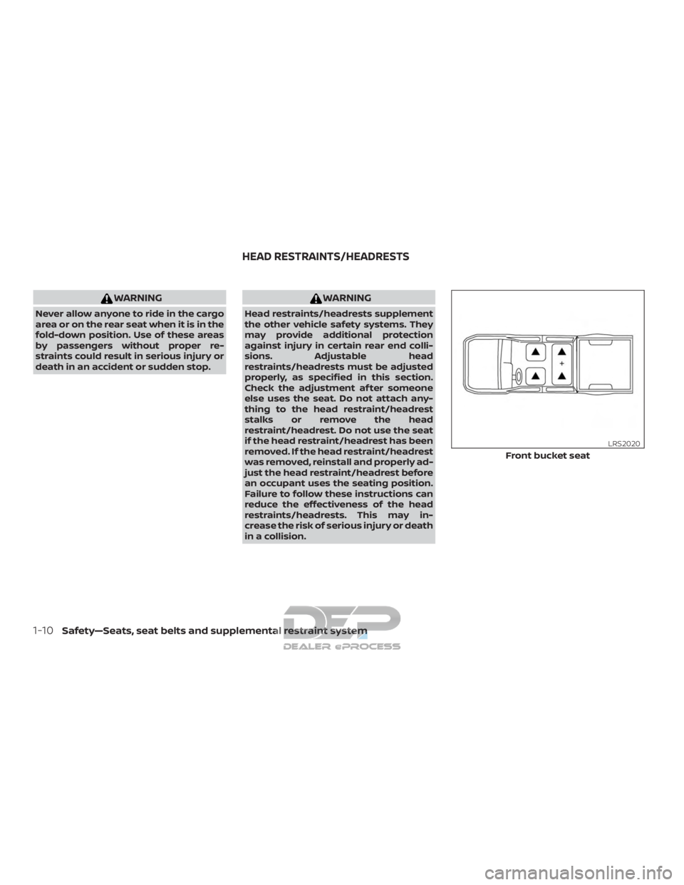 NISSAN TITAN 2019  Owner´s Manual WARNING
Never allow anyone to ride in the cargo
area or on the rear seat when it is in the
fold-down position. Use of these areas
by passengers without proper re-
straints could result in serious inju