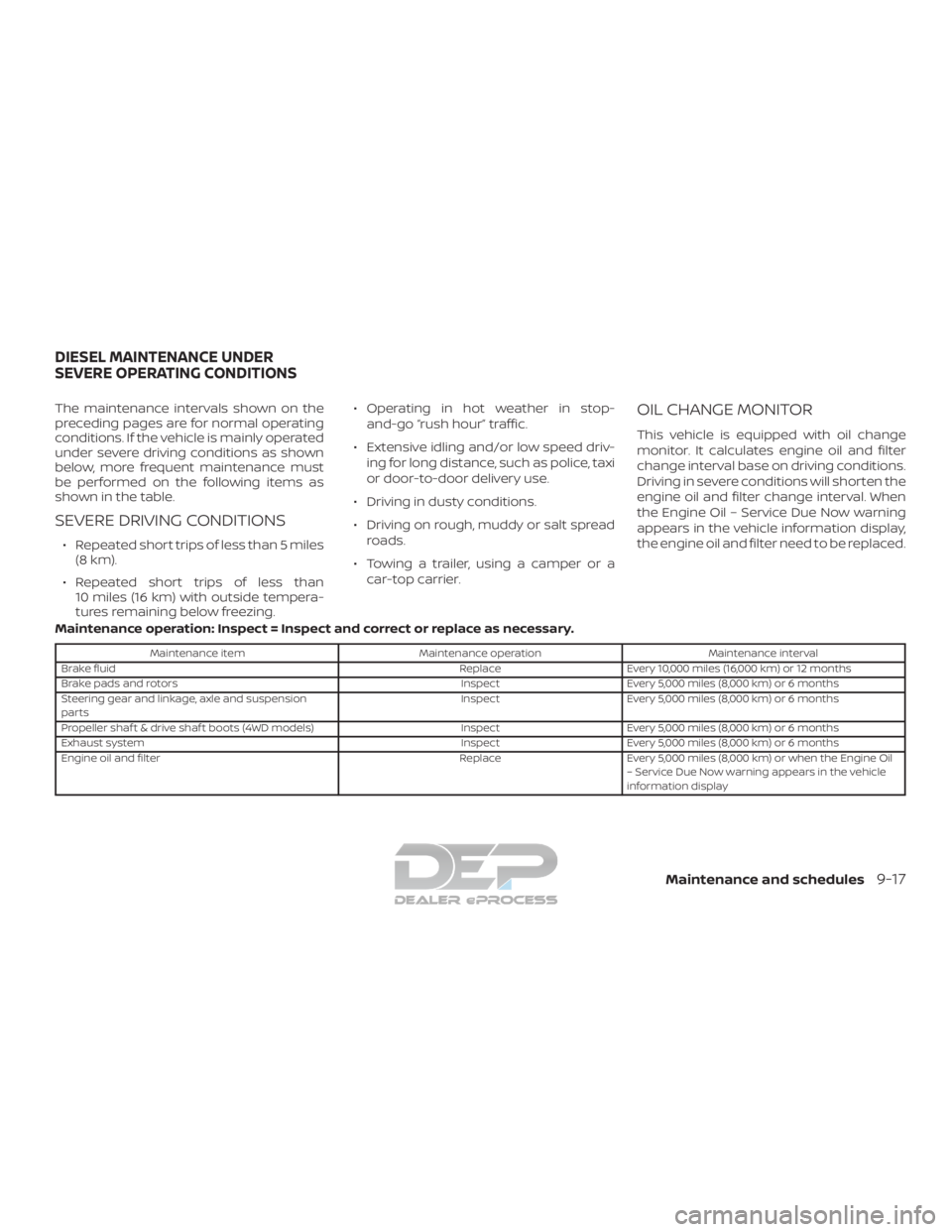 NISSAN TITAN 2019  Owner´s Manual The maintenance intervals shown on the
preceding pages are for normal operating
conditions. If the vehicle is mainly operated
under severe driving conditions as shown
below, more frequent maintenance 