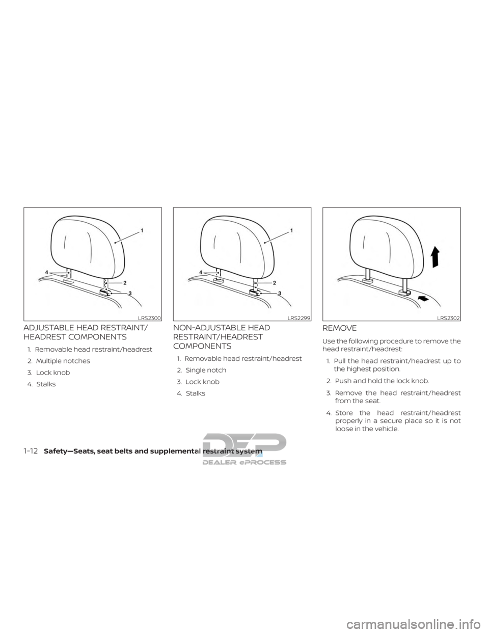 NISSAN TITAN 2019  Owner´s Manual ADJUSTABLE HEAD RESTRAINT/
HEADREST COMPONENTS
1. Removable head restraint/headrest
2. Multiple notches
3. Lock knob
4. Stalks
NON-ADJUSTABLE HEAD
RESTRAINT/HEADREST
COMPONENTS
1. Removable head restr