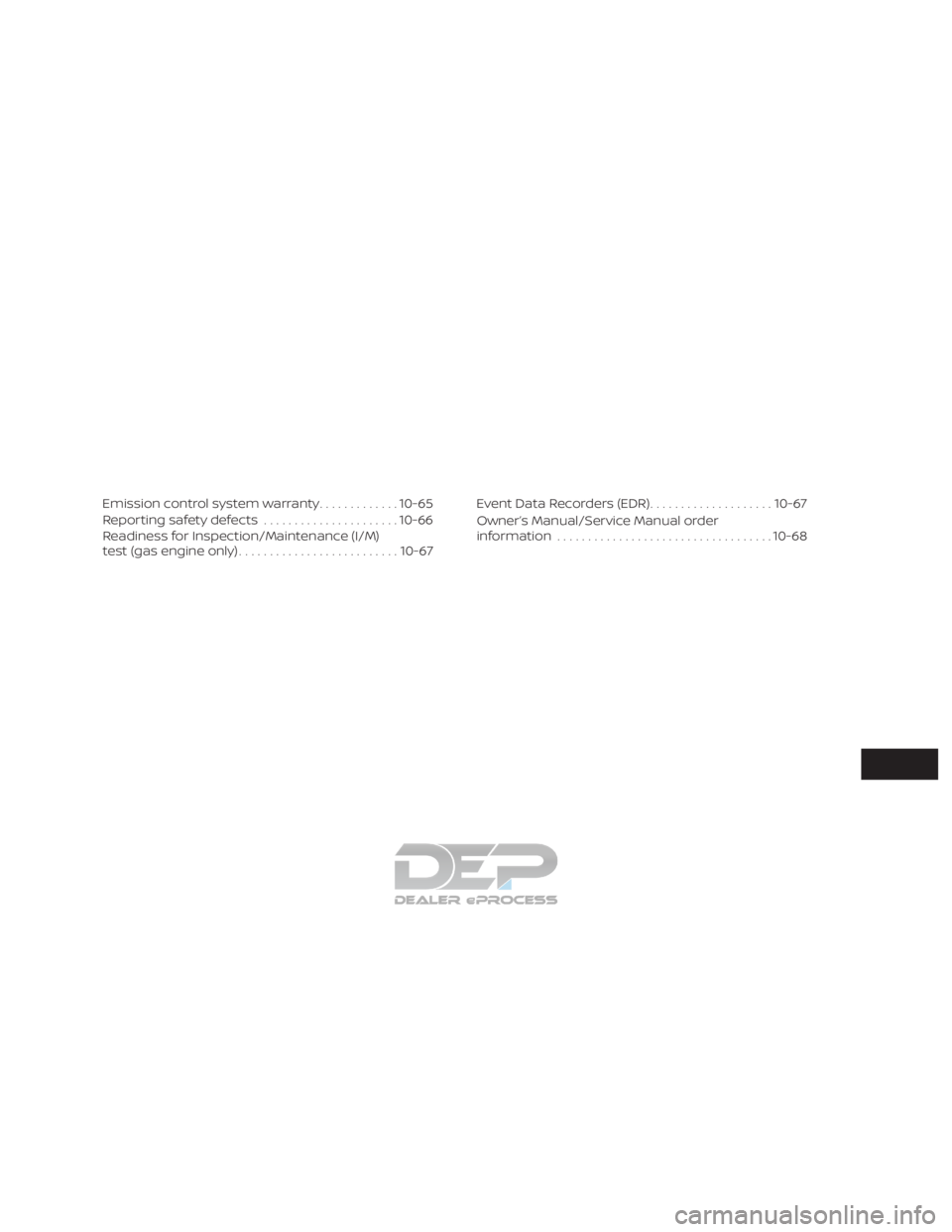 NISSAN TITAN 2019  Owner´s Manual Emission control system warranty.............10-65
Reporting safety defects ......................10-66
Readiness for Inspection/Maintenance (I/M)
test (gas engine only) .......................... 10-