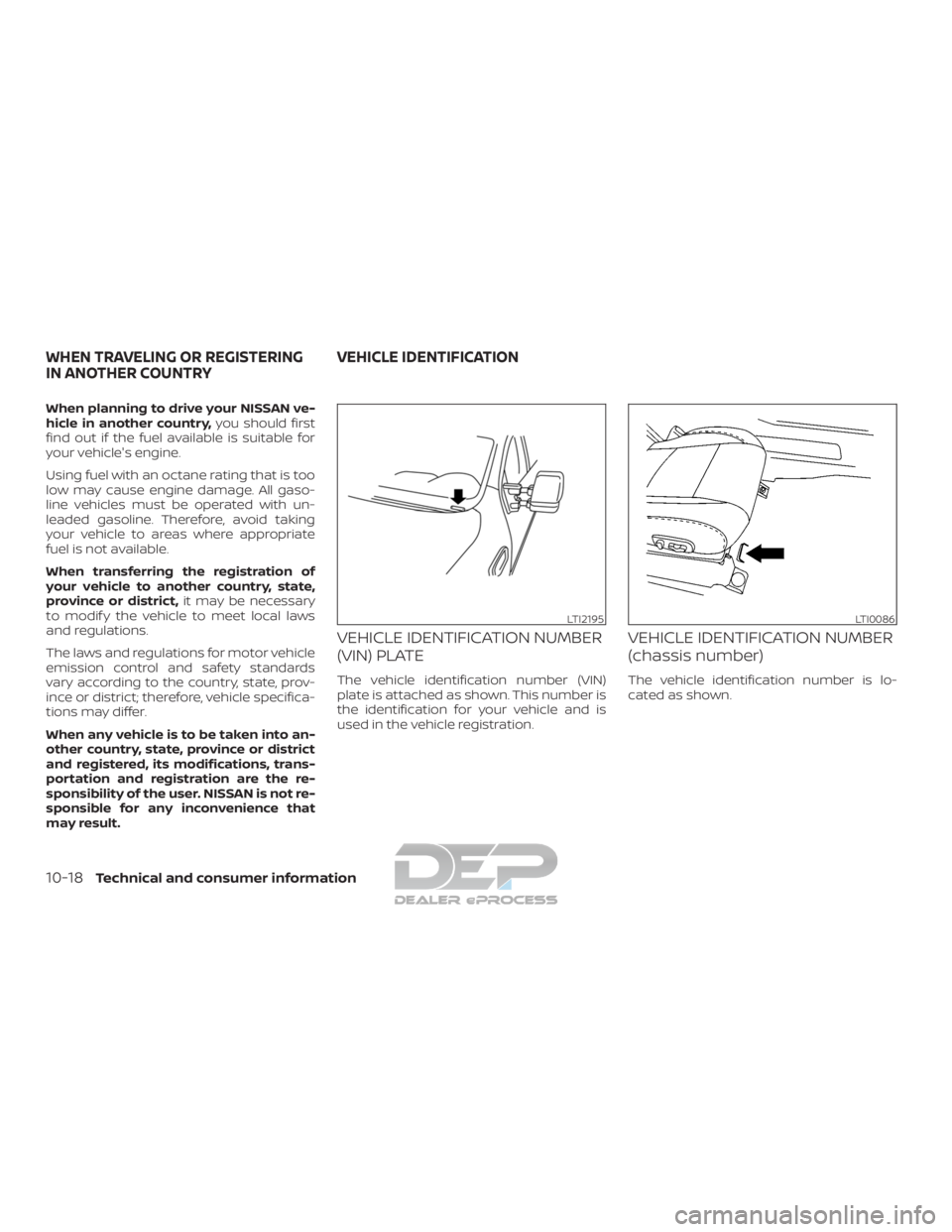 NISSAN TITAN 2019  Owner´s Manual When planning to drive your NISSAN ve-
hicle in another country,you should first
find out if the fuel available is suitable for
your vehicle's engine.
Using fuel with an octane rating that is too
