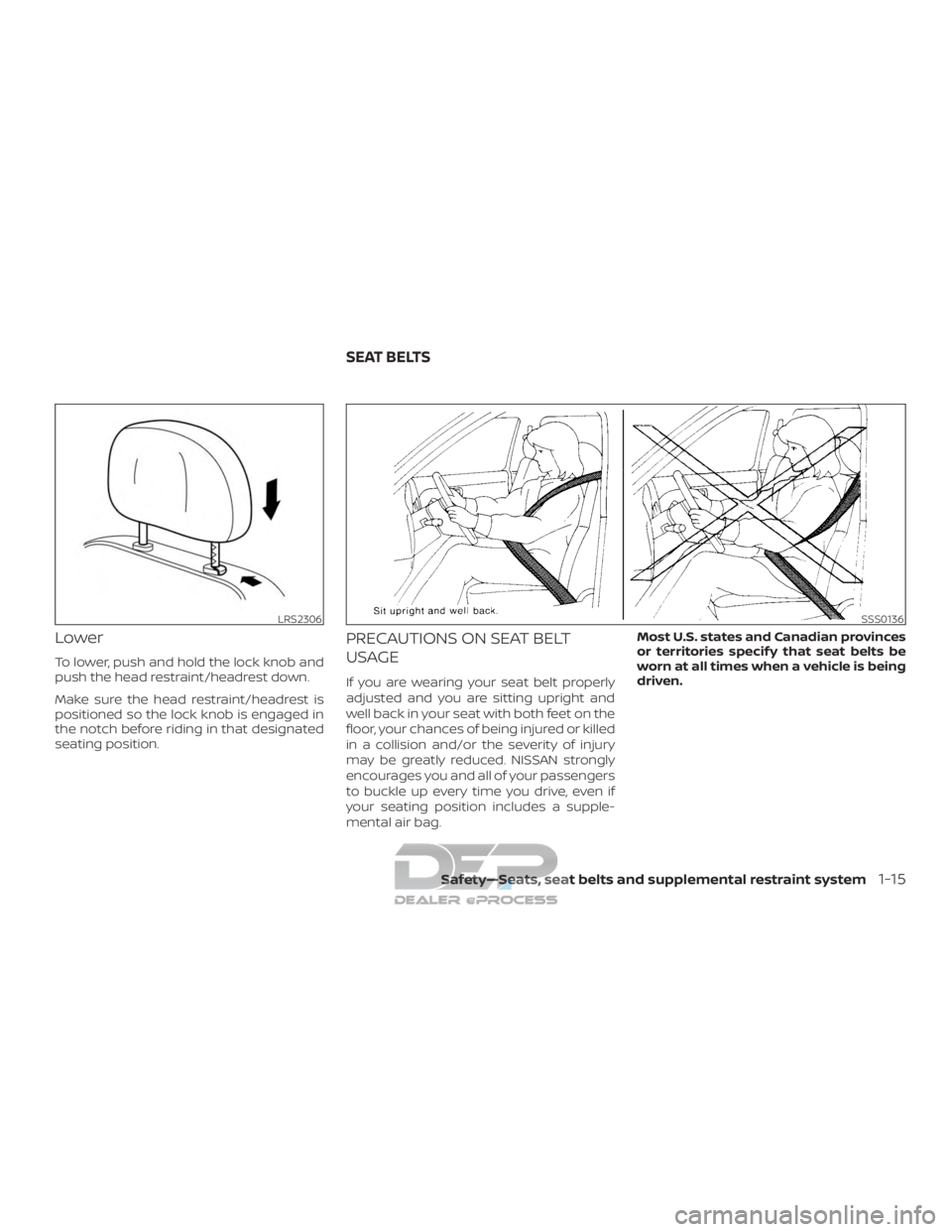 NISSAN TITAN 2019  Owner´s Manual Lower
To lower, push and hold the lock knob and
push the head restraint/headrest down.
Make sure the head restraint/headrest is
positioned so the lock knob is engaged in
the notch before riding in tha