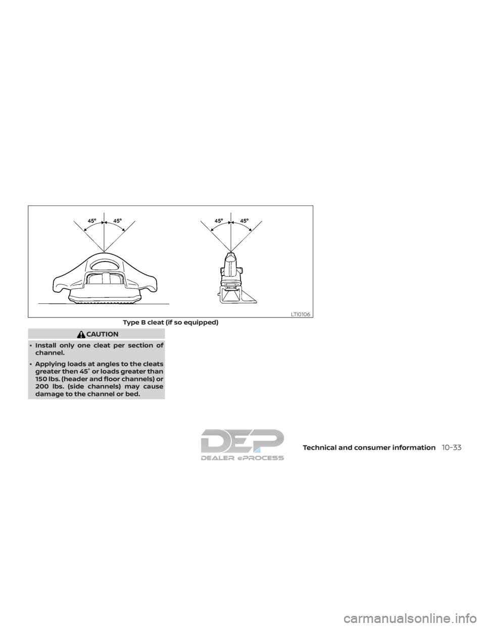 NISSAN TITAN 2019  Owner´s Manual CAUTION
∙ Install only one cleat per section ofchannel.
∙ Applying loads at angles to the cleats greater then 45° or loads greater than
150 lbs. (header and floor channels) or
200 lbs. (side chan