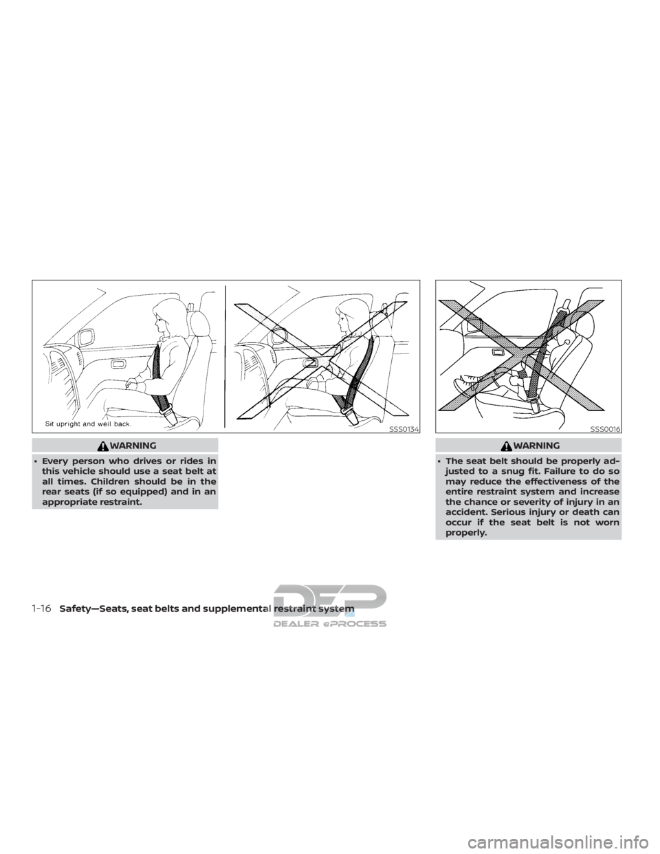 NISSAN TITAN 2019  Owner´s Manual WARNING
∙ Every person who drives or rides inthis vehicle should use a seat belt at
all times. Children should be in the
rear seats (if so equipped) and in an
appropriate restraint.
WARNING
∙ The 