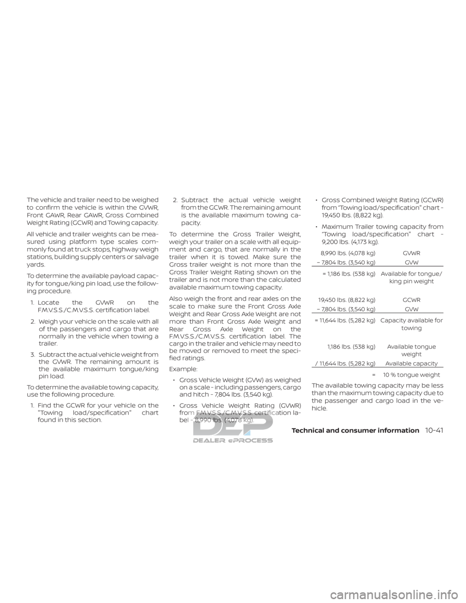 NISSAN TITAN 2019 Owner´s Manual The vehicle and trailer need to be weighed
to confirm the vehicle is within the GVWR,
Front GAWR, Rear GAWR, Gross Combined
Weight Rating (GCWR) and Towing capacity.
All vehicle and trailer weights ca NISSAN TITAN 2019 Owner´s Manual The vehicle and trailer need to be weighed
to confirm the vehicle is within the GVWR,
Front GAWR, Rear GAWR, Gross Combined
Weight Rating (GCWR) and Towing capacity.
All vehicle and trailer weights ca