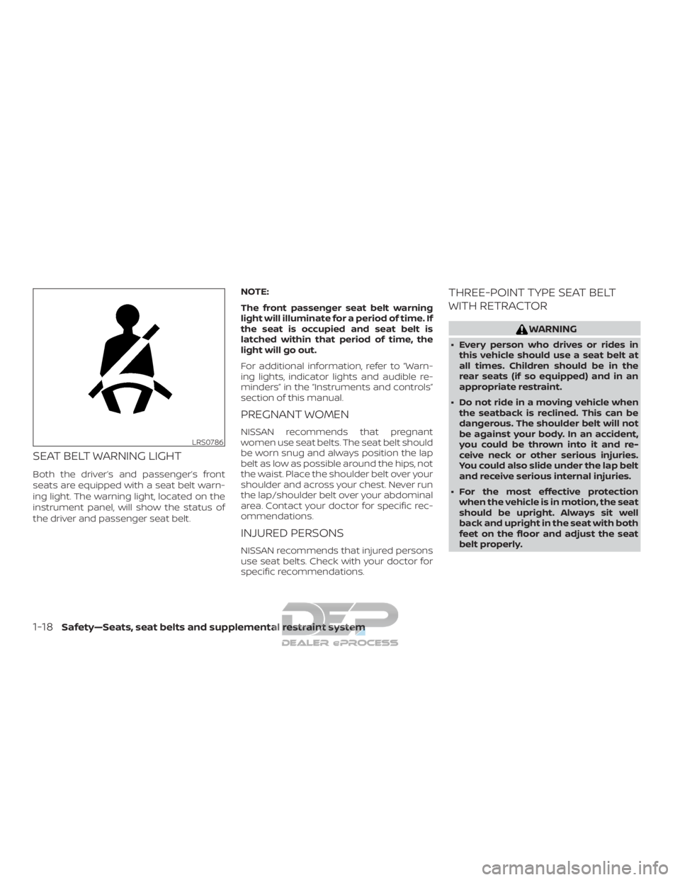 NISSAN TITAN 2019  Owner´s Manual SEAT BELT WARNING LIGHT
Both the driver’s and passenger’s front
seats are equipped with a seat belt warn-
ing light. The warning light, located on the
instrument panel, will show the status of
the