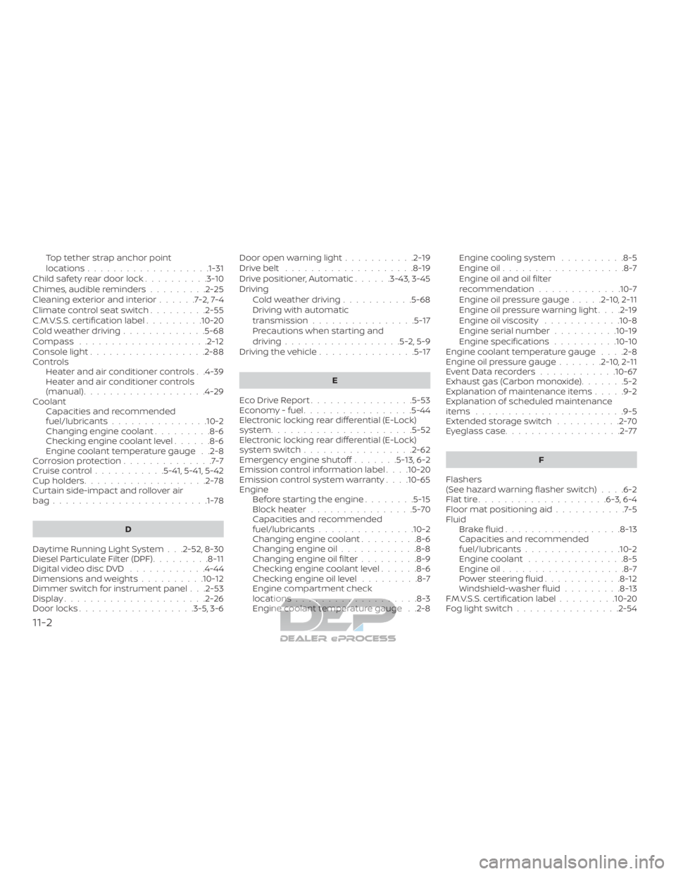 NISSAN TITAN 2019 Owner´s Manual Top tether strap anchor point
locations...................1-31
Child safety rear door lock ..........3-10
Chimes, audible reminders .........2-25
Cleaningexteriorandinterior......7-2,7-4
Climatecontro NISSAN TITAN 2019 Owner´s Manual Top tether strap anchor point
locations...................1-31
Child safety rear door lock ..........3-10
Chimes, audible reminders .........2-25
Cleaningexteriorandinterior......7-2,7-4
Climatecontro