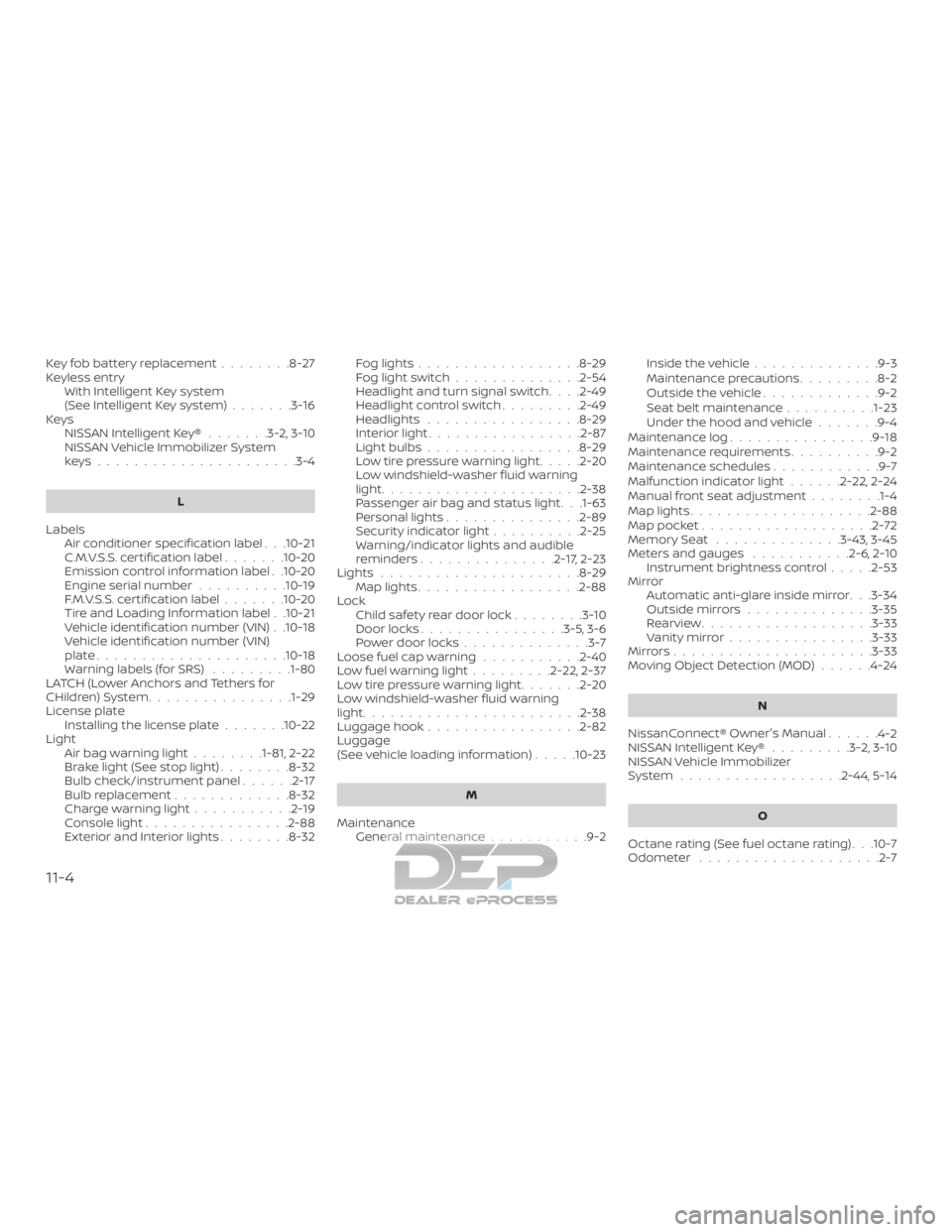 NISSAN TITAN 2019 Owner´s Manual Key fob battery replacement........8-27
Keyless entry With Intelligent Key system
(See Intelligent Key system) .......3-16
Keys NISSAN Intelligent Key® .......3-2,3-10
NISSAN Vehicle Immobilizer Syst NISSAN TITAN 2019 Owner´s Manual Key fob battery replacement........8-27
Keyless entry With Intelligent Key system
(See Intelligent Key system) .......3-16
Keys NISSAN Intelligent Key® .......3-2,3-10
NISSAN Vehicle Immobilizer Syst
