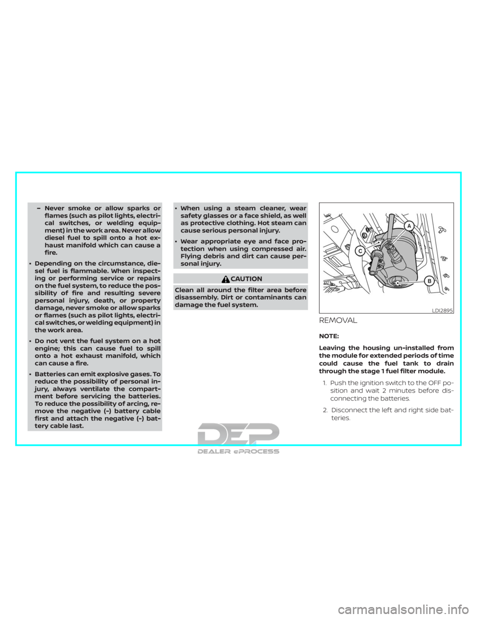 NISSAN TITAN 2019 Owner´s Manual – Never smoke or allow sparks orflames (such as pilot lights, electri-
cal switches, or welding equip-
ment) in the work area. Never allow
diesel fuel to spill onto a hot ex-
haust manifold which ca NISSAN TITAN 2019 Owner´s Manual – Never smoke or allow sparks orflames (such as pilot lights, electri-
cal switches, or welding equip-
ment) in the work area. Never allow
diesel fuel to spill onto a hot ex-
haust manifold which ca