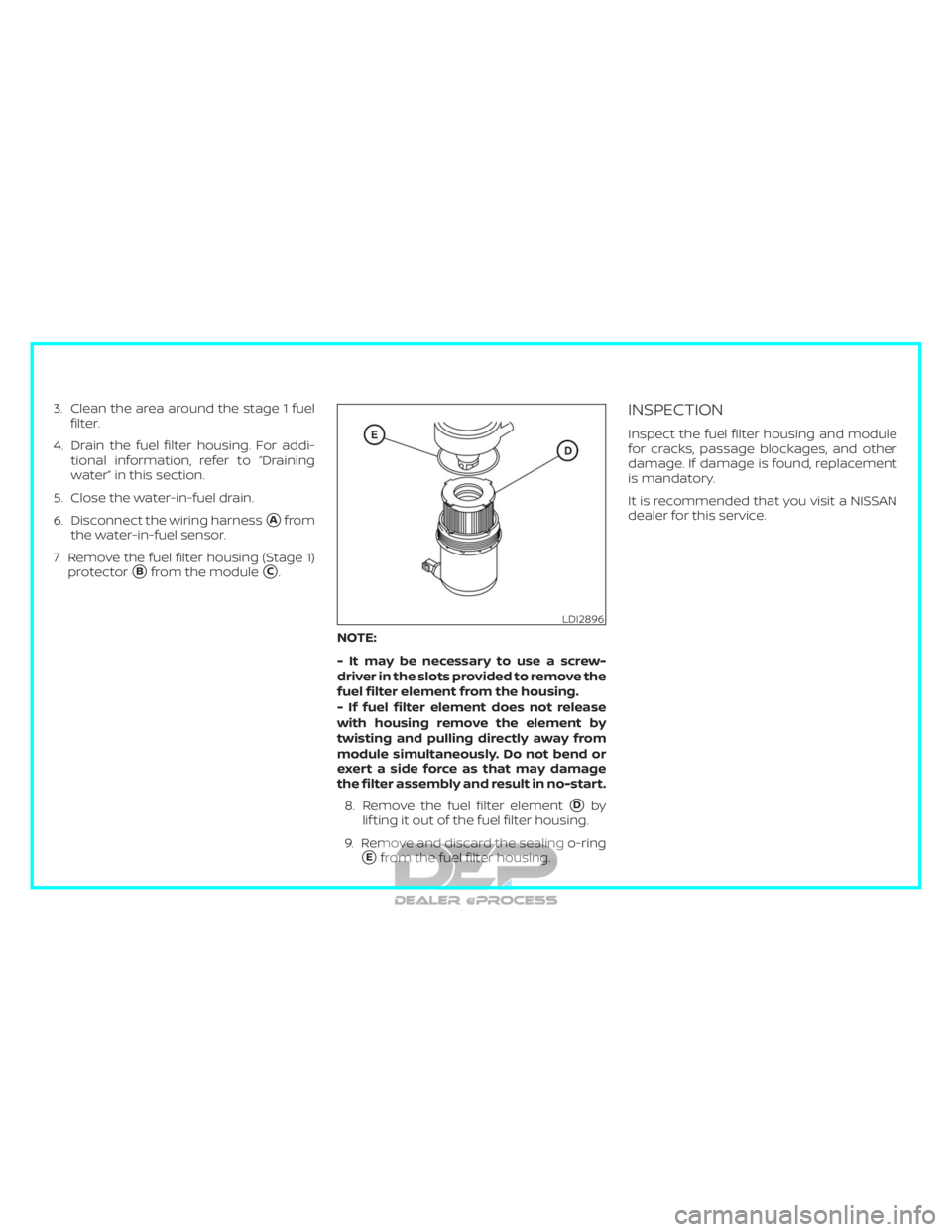 NISSAN TITAN 2019 Owner´s Manual 3. Clean the area around the stage 1 fuelfilter.
4. Drain the fuel filter housing. For addi- tional information, refer to “Draining
water” in this section.
5. Close the water-in-fuel drain.
6. Dis NISSAN TITAN 2019 Owner´s Manual 3. Clean the area around the stage 1 fuelfilter.
4. Drain the fuel filter housing. For addi- tional information, refer to “Draining
water” in this section.
5. Close the water-in-fuel drain.
6. Dis