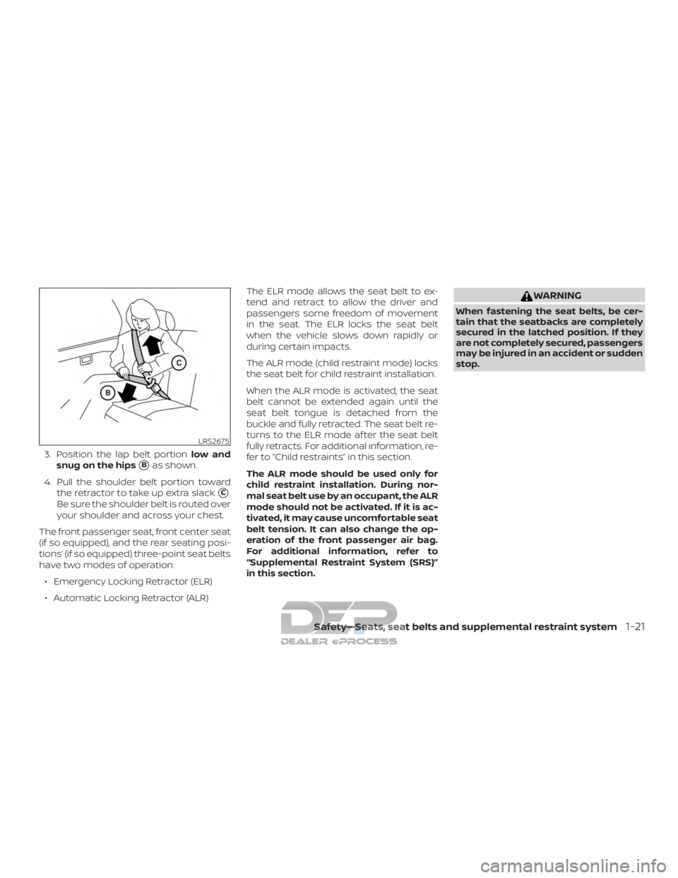 NISSAN TITAN 2019  Owner´s Manual 3. Position the lap belt portionlow and
snug on the hips
Bas shown.
4. Pull the shoulder belt portion toward the retractor to take up extra slack
C.
Be sure the shoulder belt is routed over
your sho