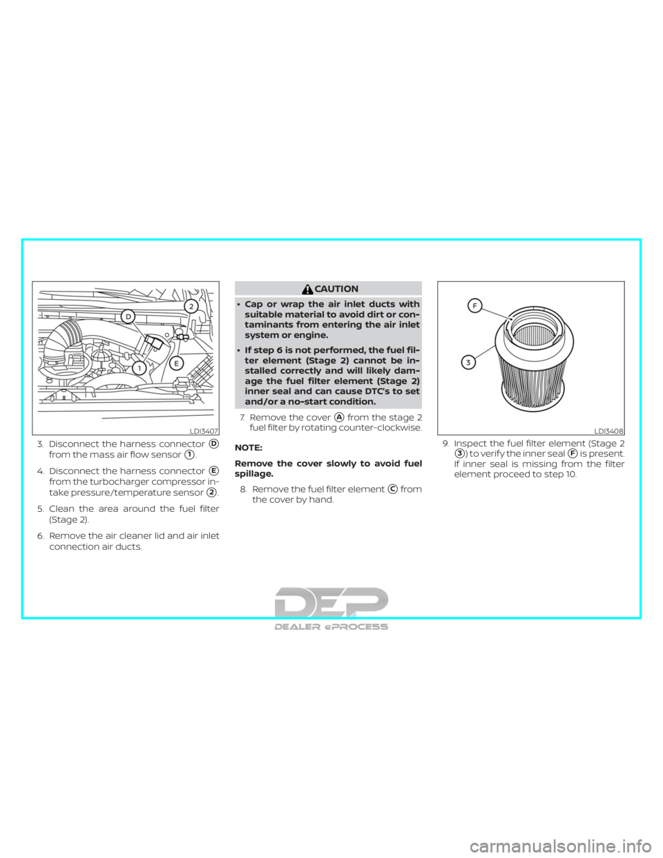 NISSAN TITAN 2019  Owner´s Manual 3. Disconnect the harness connectorD
from the mass air flow sensor1.
4. Disconnect the harness connector
E
from the turbocharger compressor in-
take pressure/temperature sensor
2.
5. Clean the are