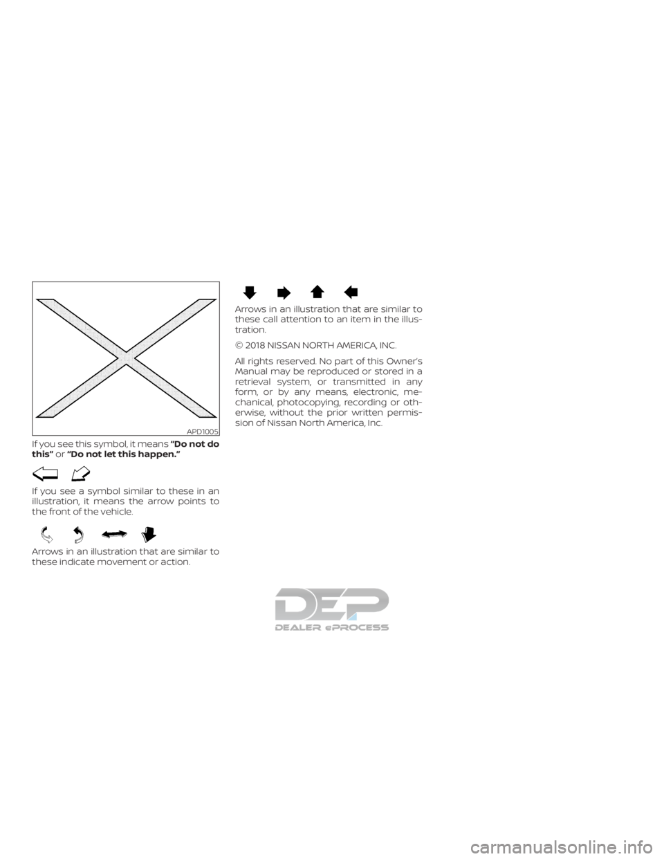 NISSAN TITAN 2019  Owner´s Manual If you see this symbol, it means“Do not do
this” or“Do not let this happen.”
If you see a symbol similar to these in an
illustration, it means the arrow points to
the front of the vehicle.
Arr