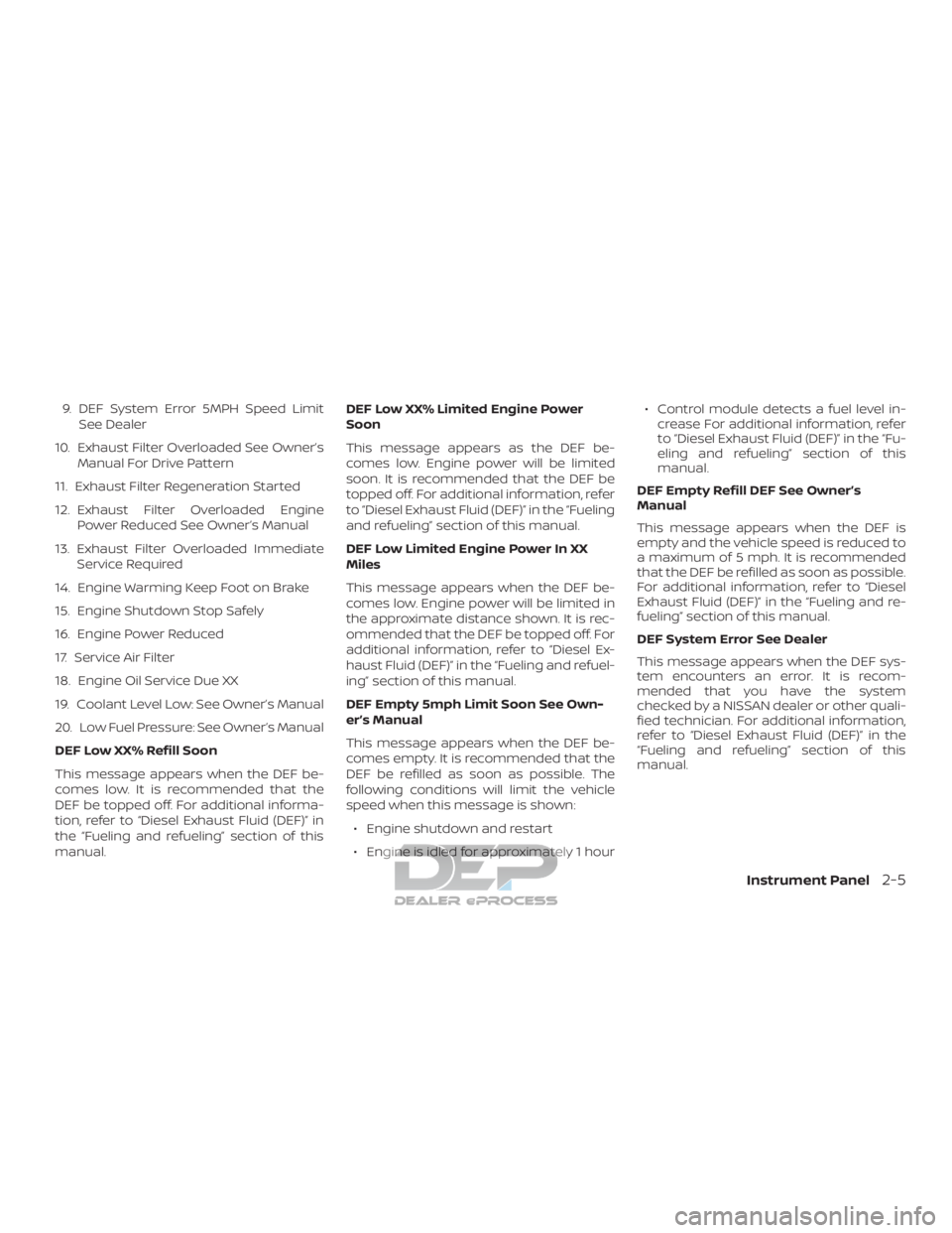 NISSAN TITAN 2019  Owner´s Manual 9. DEF System Error 5MPH Speed LimitSee Dealer
10. Exhaust Filter Overloaded See Owner’s Manual For Drive Pattern
11. Exhaust Filter Regeneration Started
12. Exhaust Filter Overloaded Engine Power R