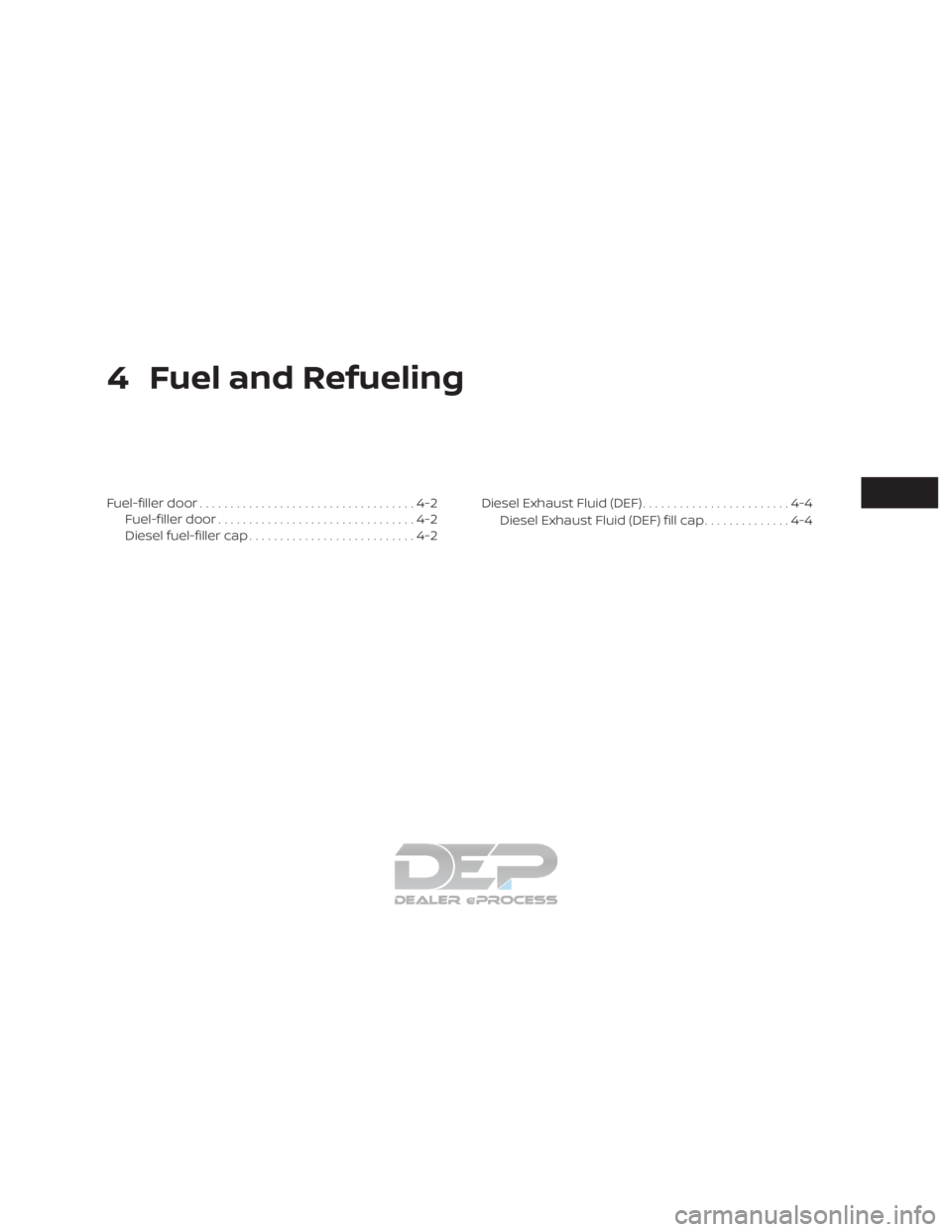 NISSAN TITAN 2019  Owner´s Manual 4 Fuel and Refueling
Fuel-filler door...................................4-2
Fuel-filler door ................................4-2
Diesel fuel-filler cap ...........................4-2 Diesel Exhaust Fl