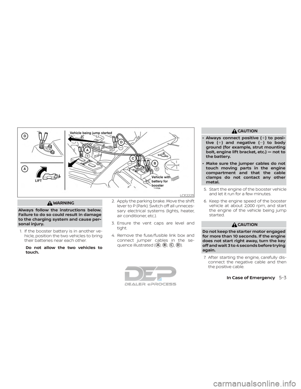 NISSAN TITAN 2019  Owner´s Manual WARNING
Always follow the instructions below.
Failure to do so could result in damage
to the charging system and cause per-
sonal injury.1. If the booster battery is in another ve- hicle, position the