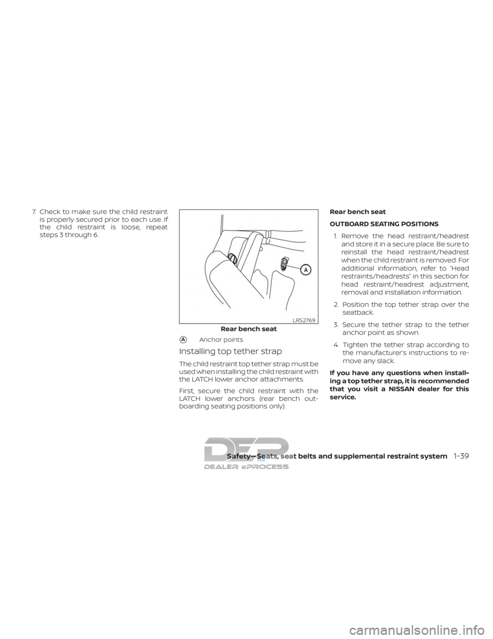 NISSAN TITAN 2019  Owner´s Manual 7. Check to make sure the child restraintis properly secured prior to each use. If
the child restraint is loose, repeat
steps 3 through 6.
AAnchor points
Installing top tether strap
The child restrai