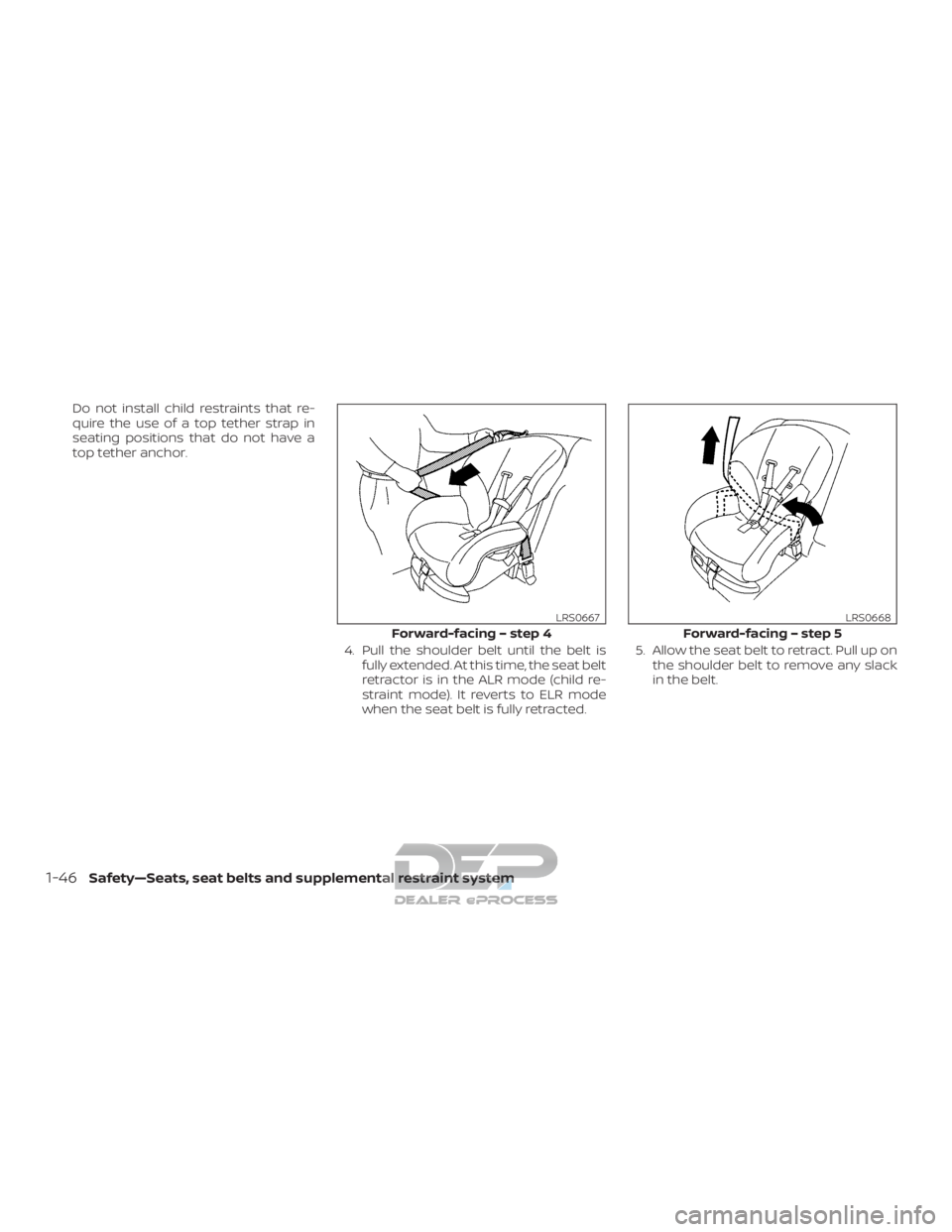 NISSAN TITAN 2019  Owner´s Manual Do not install child restraints that re-
quire the use of a top tether strap in
seating positions that do not have a
top tether anchor.4. Pull the shoulder belt until the belt isfully extended. At thi