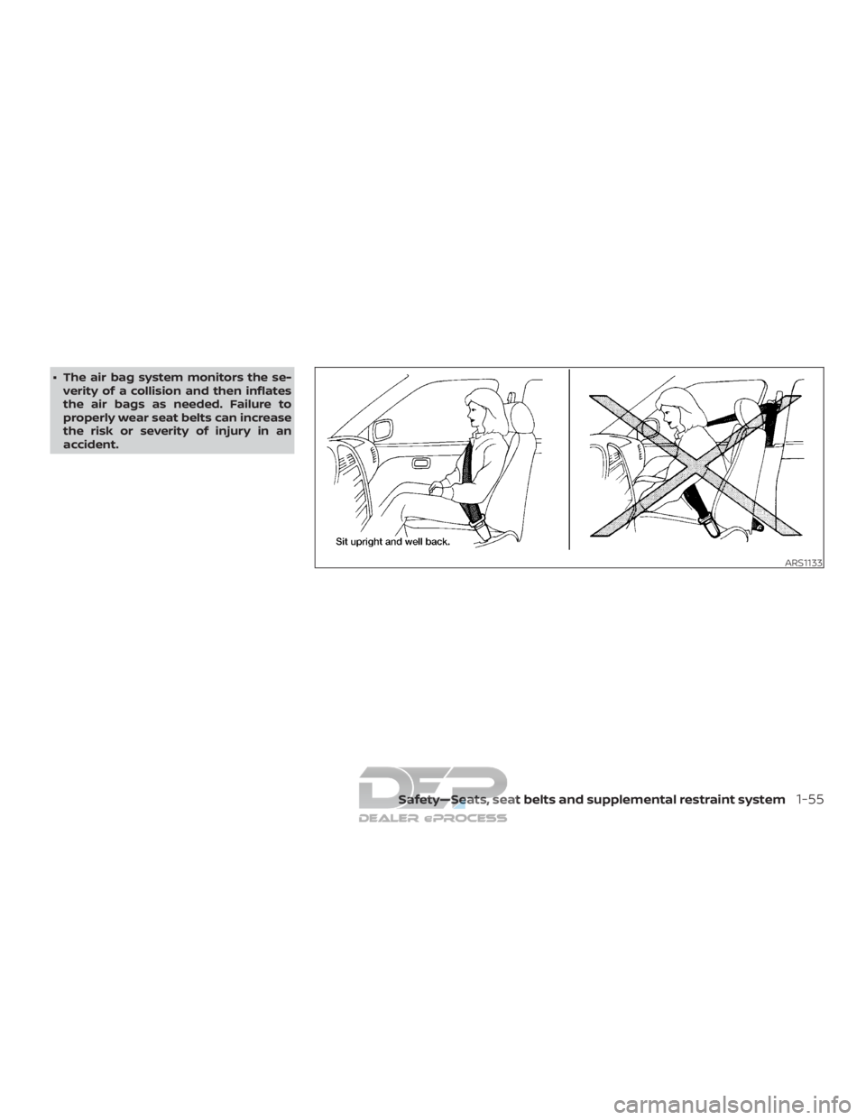 NISSAN TITAN 2019 Owner´s Manual ∙ The air bag system monitors the se-verity of a collision and then inflates
the air bags as needed. Failure to
properly wear seat belts can increase
the risk or severity of injury in an
accident.
A NISSAN TITAN 2019 Owner´s Manual ∙ The air bag system monitors the se-verity of a collision and then inflates
the air bags as needed. Failure to
properly wear seat belts can increase
the risk or severity of injury in an
accident.
A