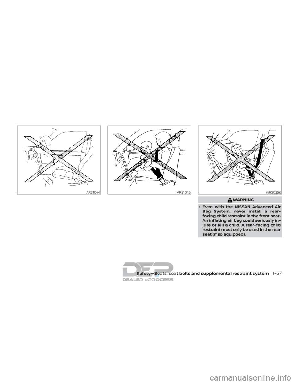 NISSAN TITAN 2019 Owner´s Manual WARNING
∙ Even with the NISSAN Advanced AirBag System, never install a rear-
facing child restraint in the front seat.
An inflating air bag could seriously in-
jure or kill a child. A rear-facing ch NISSAN TITAN 2019 Owner´s Manual WARNING
∙ Even with the NISSAN Advanced AirBag System, never install a rear-
facing child restraint in the front seat.
An inflating air bag could seriously in-
jure or kill a child. A rear-facing ch