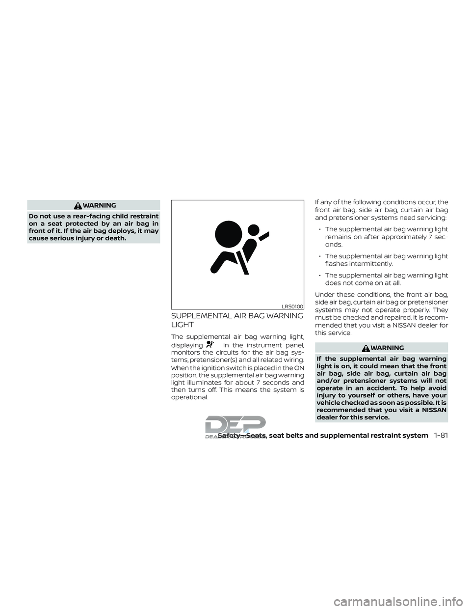 NISSAN TITAN 2018 Owner´s Manual WARNING
Do not use a rear-facing child restraint
on a seat protected by an air bag in
front of it. If the air bag deploys, it may
cause serious injury or death.
SUPPLEMENTAL AIR BAG WARNING
LIGHT
The NISSAN TITAN 2018 Owner´s Manual WARNING
Do not use a rear-facing child restraint
on a seat protected by an air bag in
front of it. If the air bag deploys, it may
cause serious injury or death.
SUPPLEMENTAL AIR BAG WARNING
LIGHT
The