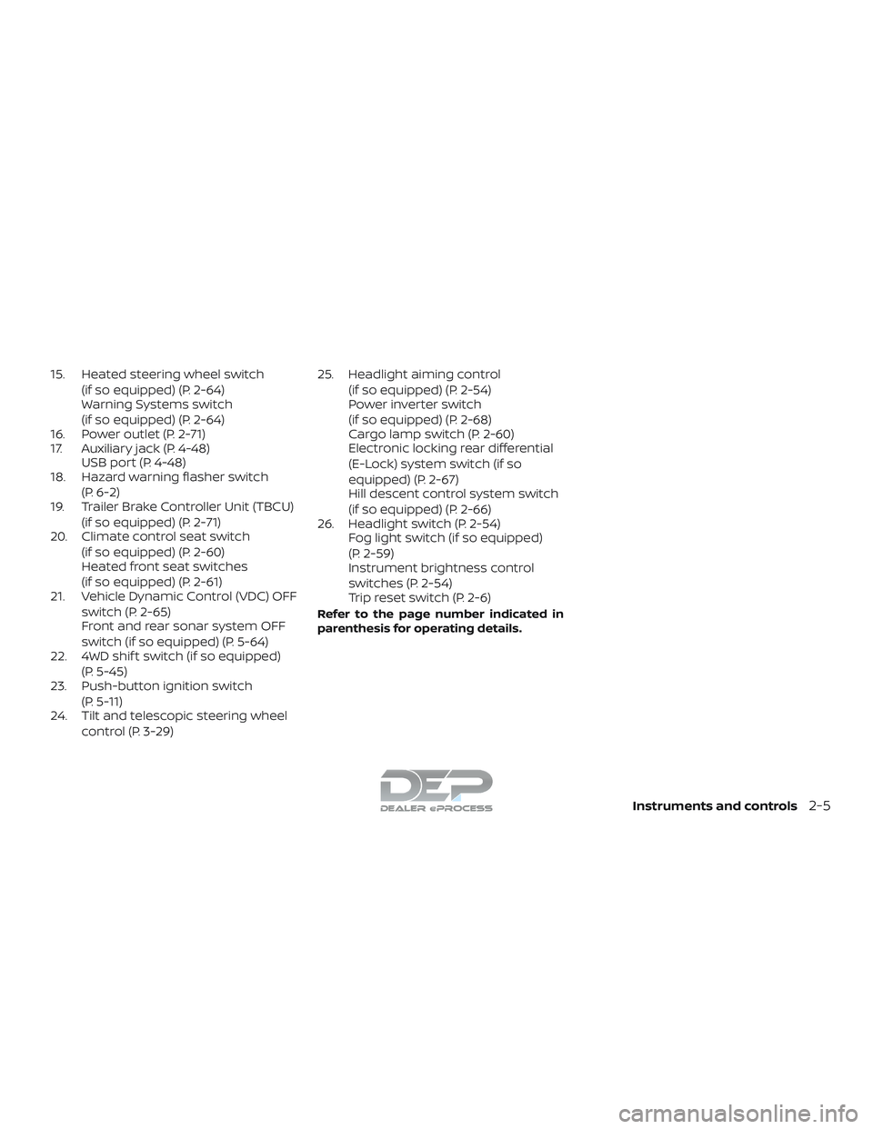 NISSAN TITAN 2018 Owner´s Manual 15. Heated steering wheel switch(if so equipped) (P. 2-64)
Warning Systems switch
(if so equipped) (P. 2-64)
16. Power outlet (P. 2-71)
17. Auxiliary jack (P. 4-48) USB port (P. 4-48)
18. Hazard warni NISSAN TITAN 2018 Owner´s Manual 15. Heated steering wheel switch(if so equipped) (P. 2-64)
Warning Systems switch
(if so equipped) (P. 2-64)
16. Power outlet (P. 2-71)
17. Auxiliary jack (P. 4-48) USB port (P. 4-48)
18. Hazard warni