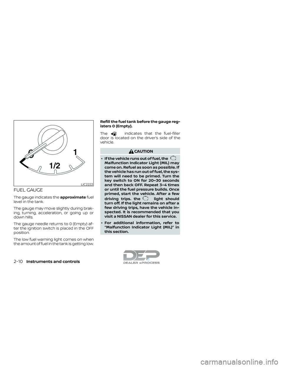NISSAN TITAN 2018  Owner´s Manual FUEL GAUGE
The gauge indicates theapproximatefuel
level in the tank.
The gauge may move slightly during brak-
ing, turning, acceleration, or going up or
down hills.
The gauge needle returns to 0 (Empt