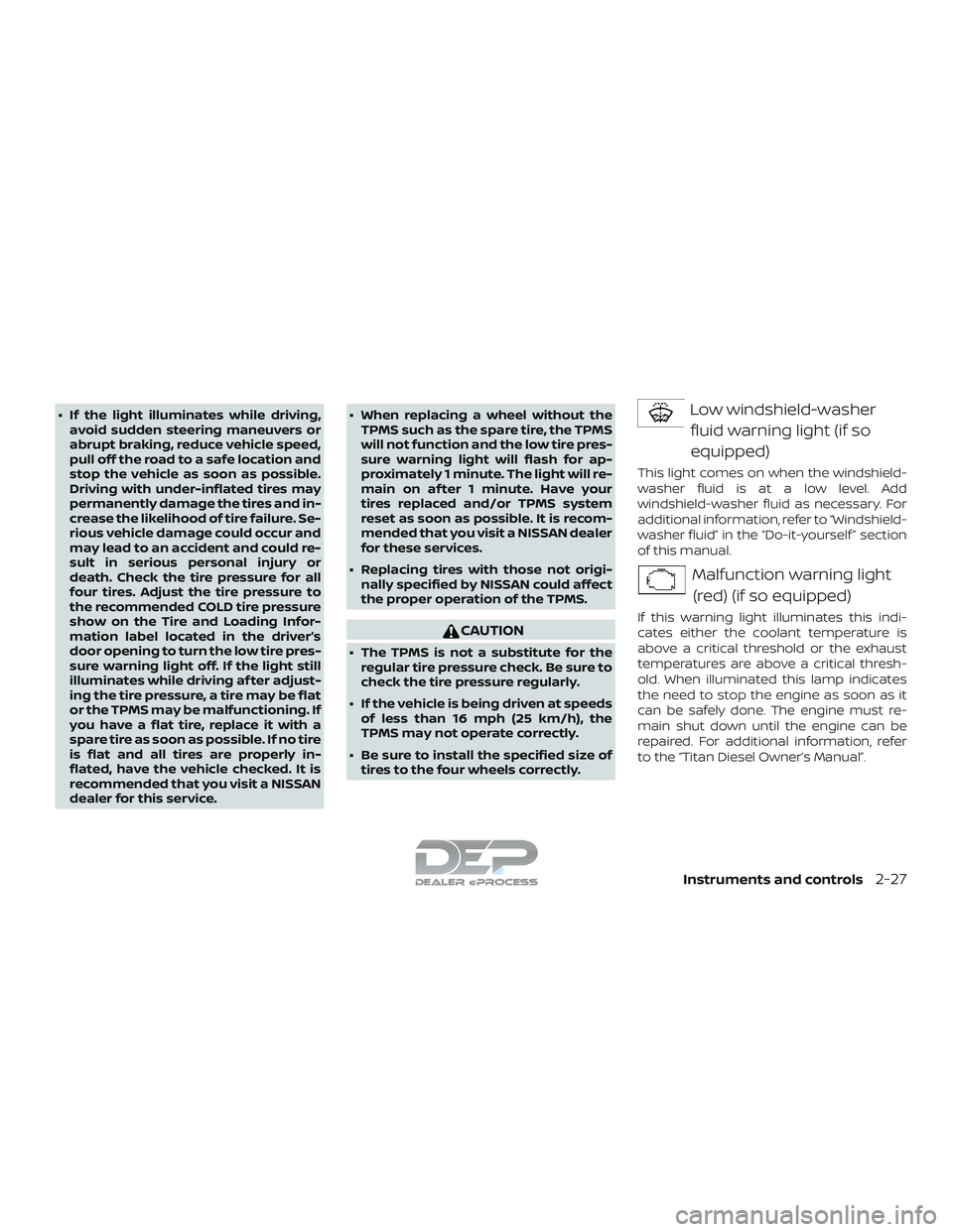 NISSAN TITAN 2018 Owner´s Manual ∙ If the light illuminates while driving,avoid sudden steering maneuvers or
abrupt braking, reduce vehicle speed,
pull off the road to a safe location and
stop the vehicle as soon as possible.
Drivi NISSAN TITAN 2018 Owner´s Manual ∙ If the light illuminates while driving,avoid sudden steering maneuvers or
abrupt braking, reduce vehicle speed,
pull off the road to a safe location and
stop the vehicle as soon as possible.
Drivi