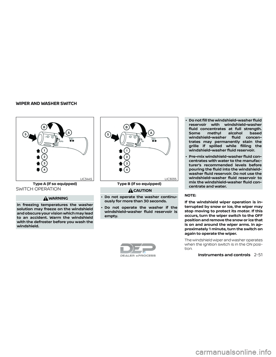 NISSAN TITAN 2018  Owner´s Manual SWITCH OPERATION
WARNING
In freezing temperatures the washer
solution may freeze on the windshield
and obscure your vision which may lead
to an accident. Warm the windshield
with the defroster before 