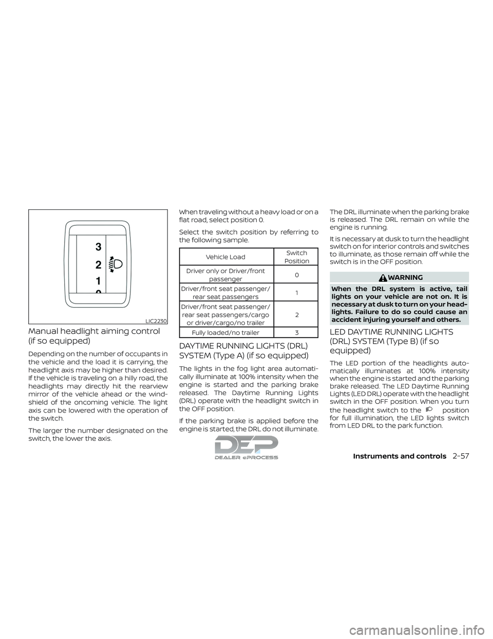 NISSAN TITAN 2018  Owner´s Manual Manual headlight aiming control
(if so equipped)
Depending on the number of occupants in
the vehicle and the load it is carrying, the
headlight axis may be higher than desired.
If the vehicle is trave